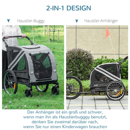 2-in-1 Dog Trailer & Dog Buggy, Dog Bike Trailer, Dog Cart with Reflectors for Medium Dogs up to 20 kg, Oxford Fabric, Gray