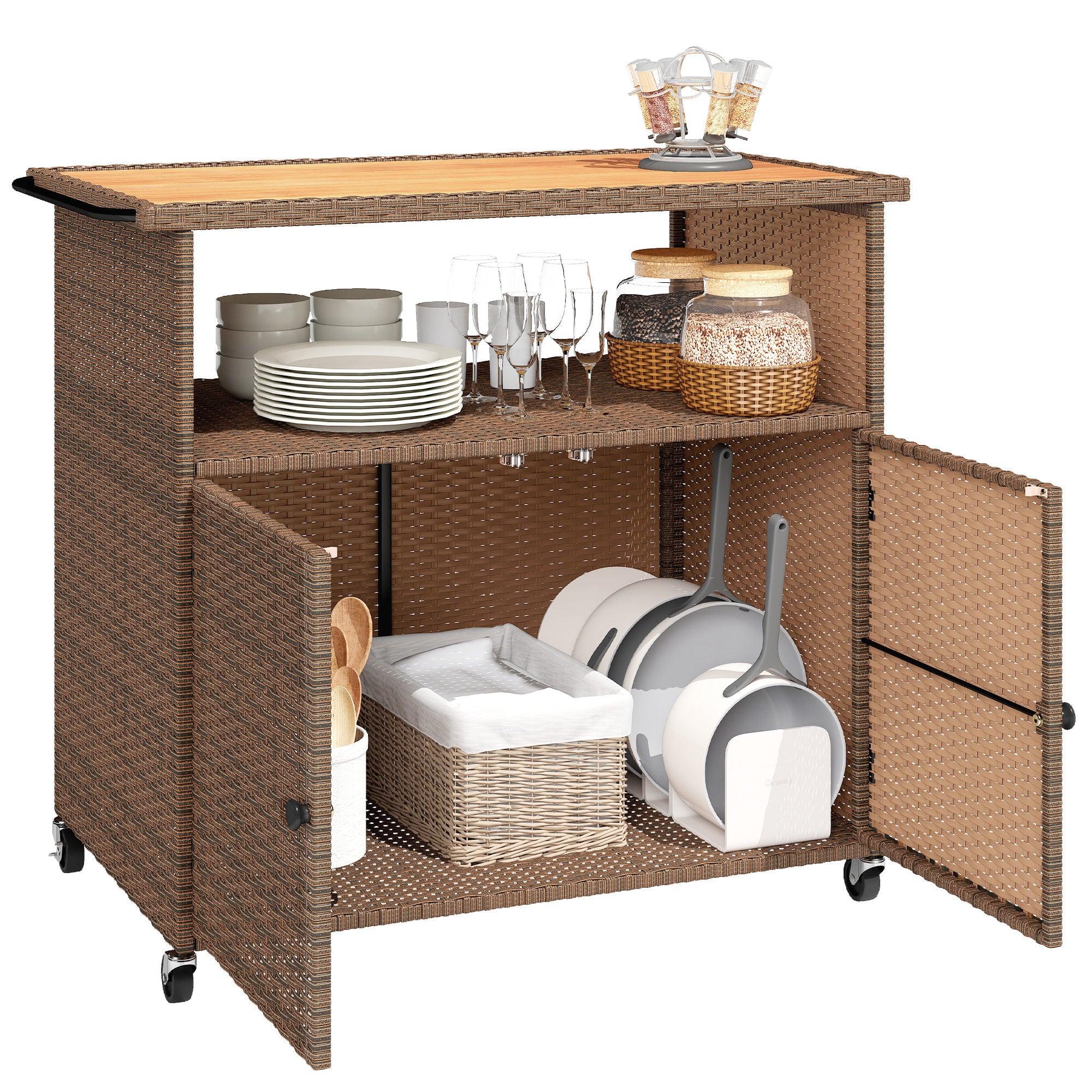 Rattan Serving Cart with FSC Eucalyptus Wood Top, Shelf, Wheels & Side Handle — Outdoor Bar/Grill Cart for Garden, Pool & Patio (95 x 54 x 84 cm / 37.4 x 21.3 x 33.1 in)