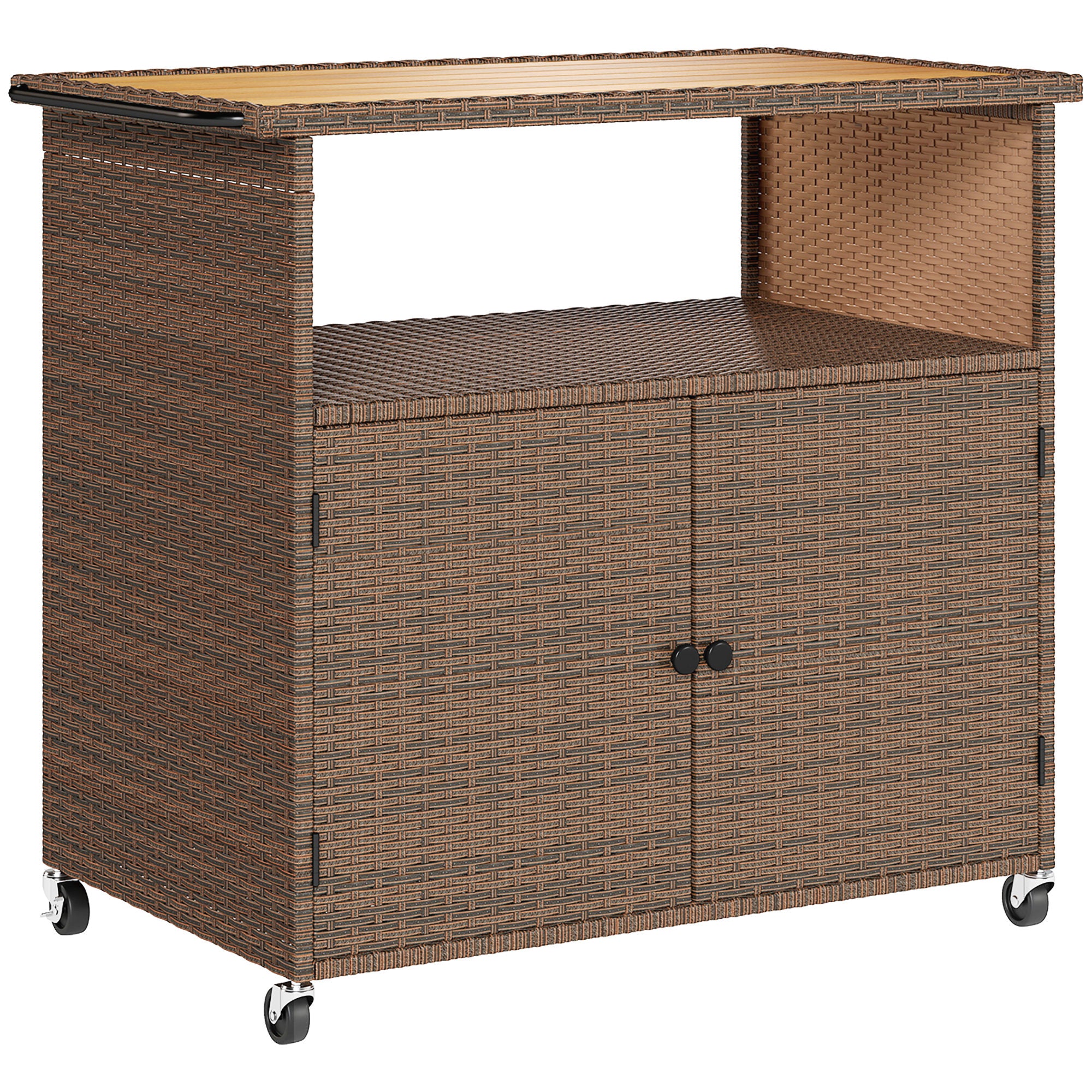 Rattan Serving Cart with FSC Eucalyptus Wood Top, Shelf, Wheels & Side Handle — Outdoor Bar/Grill Cart for Garden, Pool & Patio (95 x 54 x 84 cm / 37.4 x 21.3 x 33.1 in)