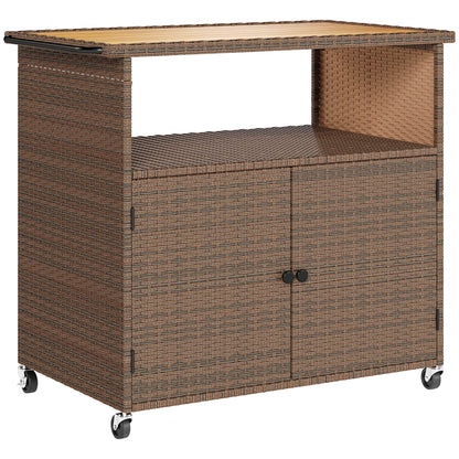 Rattan Serving Cart with FSC Eucalyptus Wood Top, Shelf, Wheels & Side Handle — Outdoor Bar/Grill Cart for Garden, Pool & Patio (95 x 54 x 84 cm / 37.4 x 21.3 x 33.1 in)