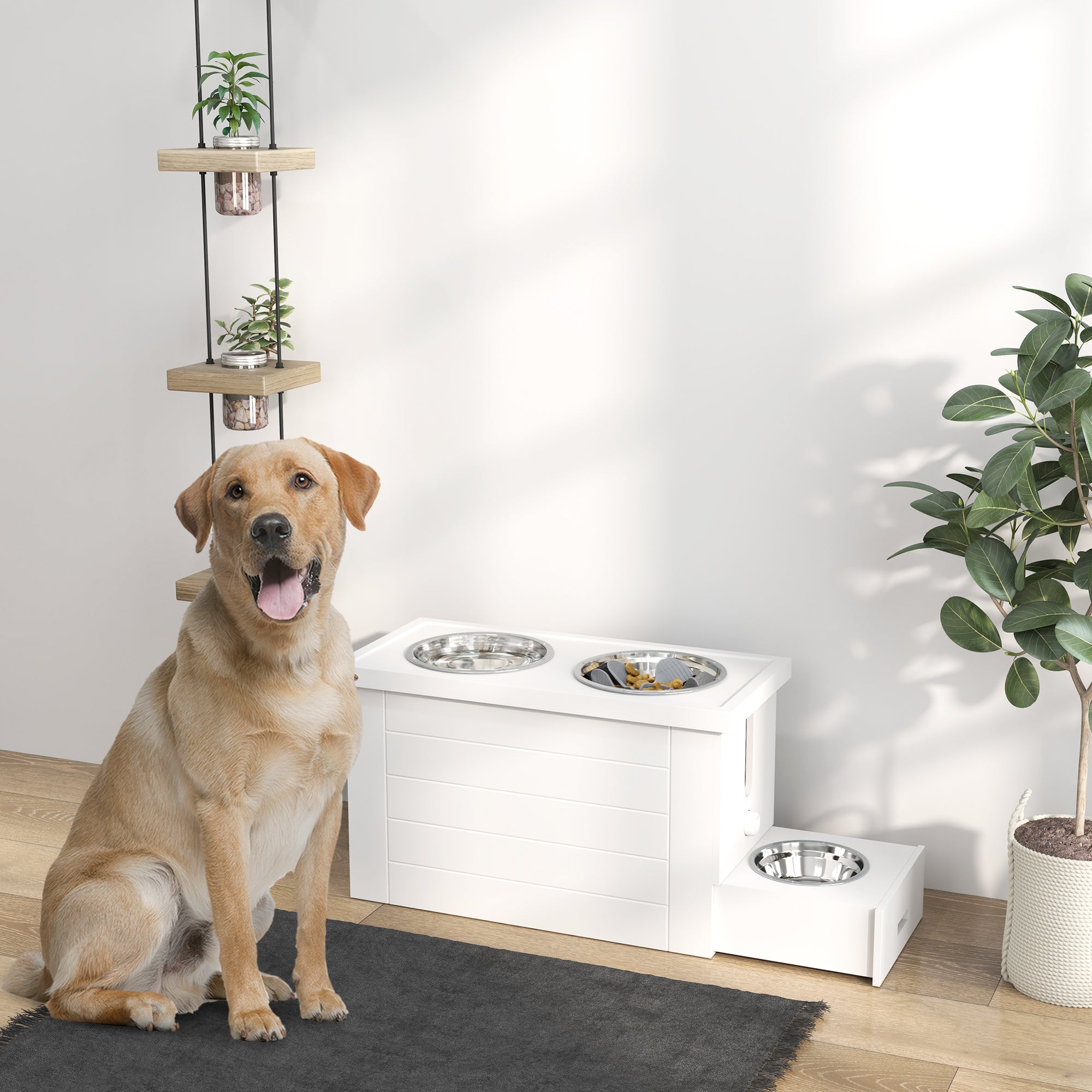 2-in-1 Elevated Dog Bowl Adjustable Height Feeding Bowl with Stand Storage Space 2 x 2L Stainless Steel Bowls Slow Feeding Mat Feeding Bowl Feeding Station Dog Bowls for Large Dogs Cats White