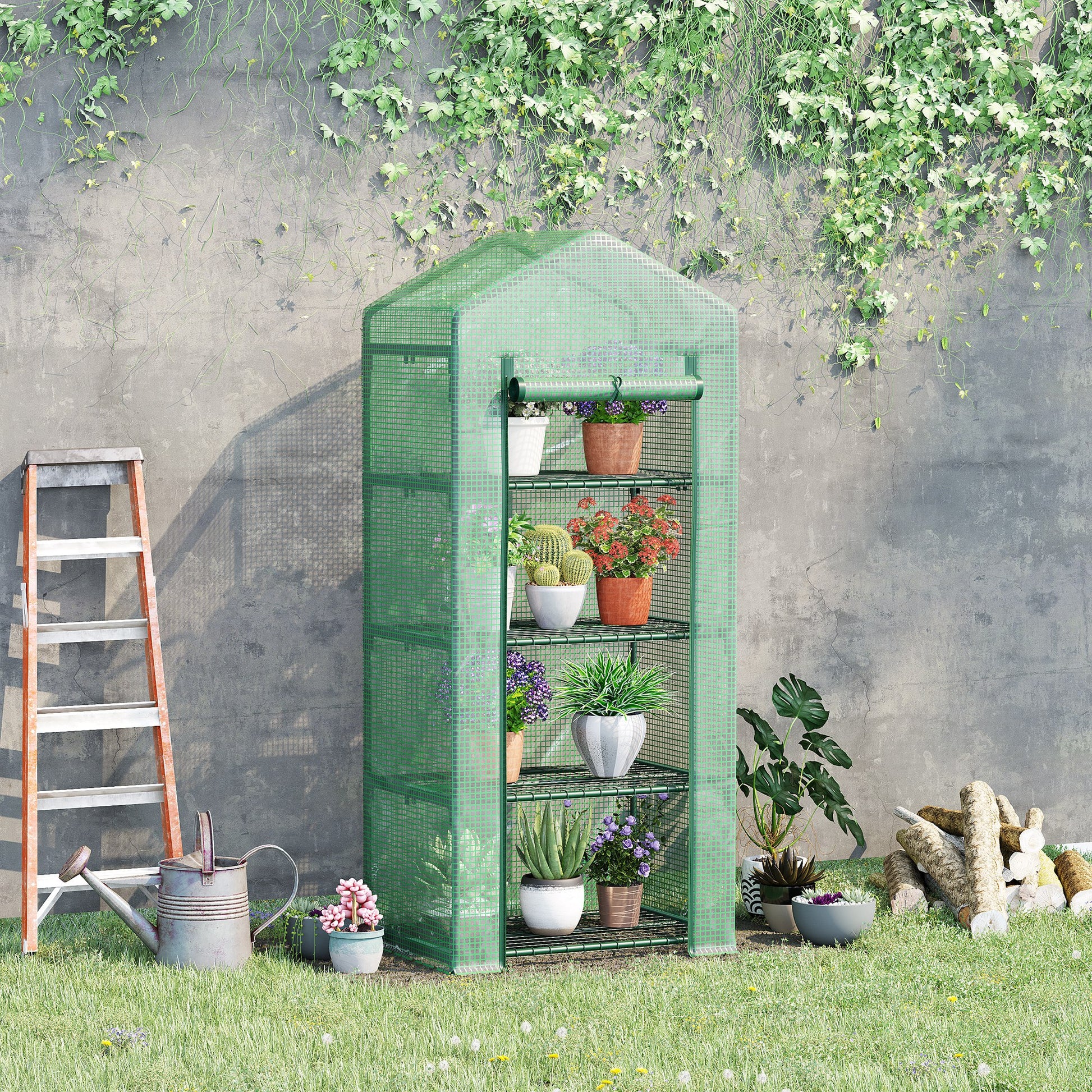 Garden Greenhouse with 4 Shelves and PE Cover Tube Steel Home Nursery Greenhouse for Plant and Flower Cultivation Pots 70x50x160 cm Green