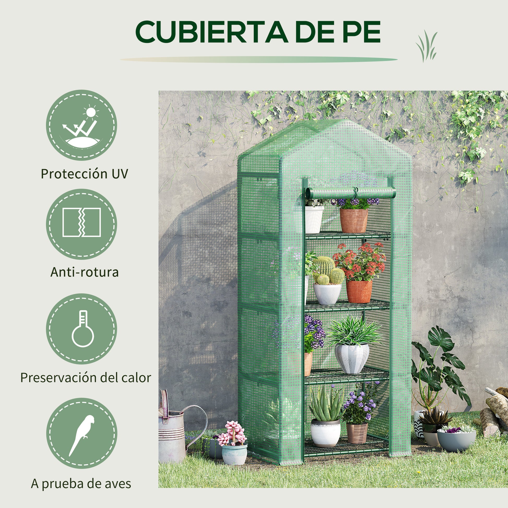 Garden Greenhouse with 4 Shelves and PE Cover Tube Steel Home Nursery Greenhouse for Plant and Flower Cultivation Pots 70x50x160 cm Green