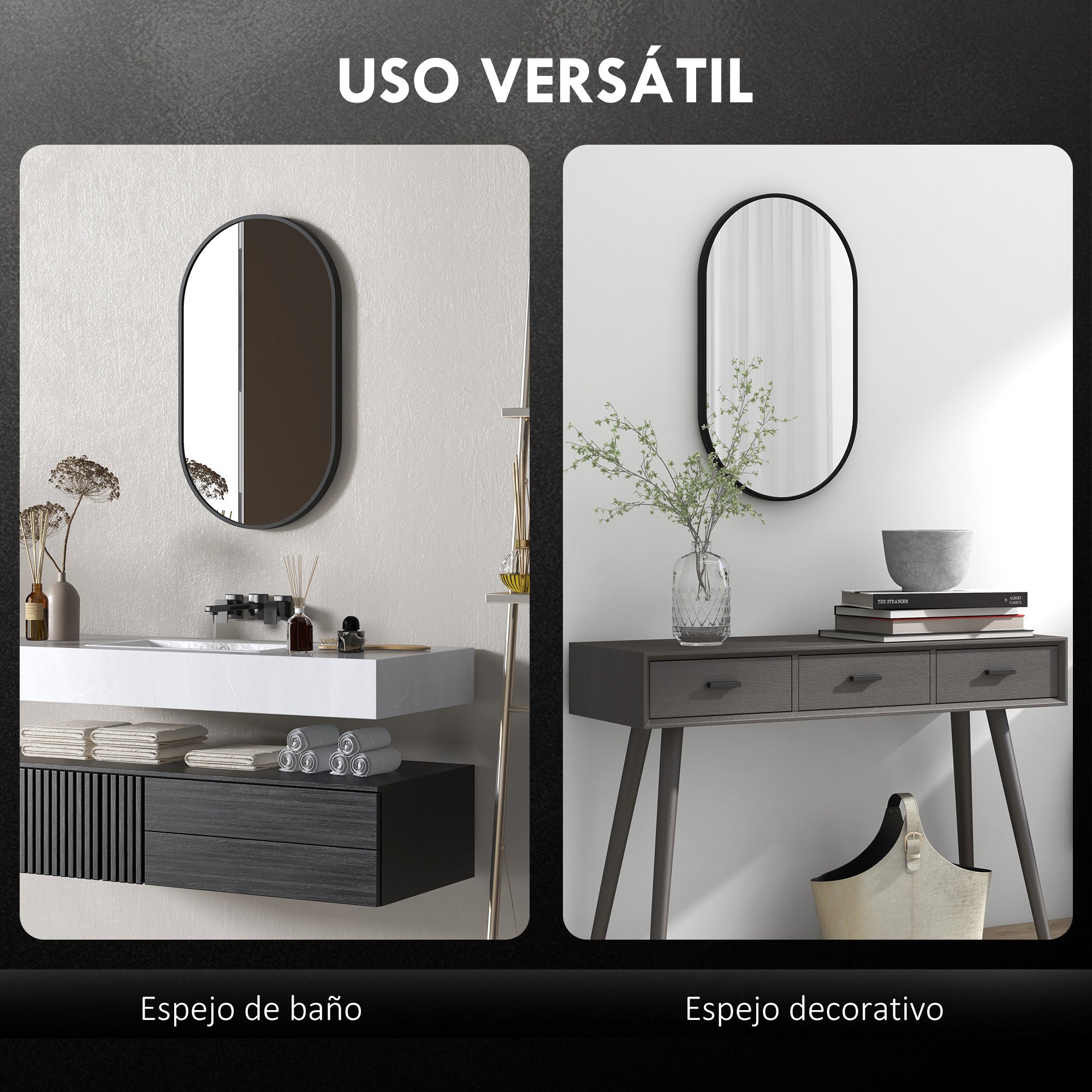 Oval Bathroom Mirror 40x70 cm with Aluminum Frame Decorative Wall Mirror Horizontal or Vertical for Living Room Entryway Hallway Black