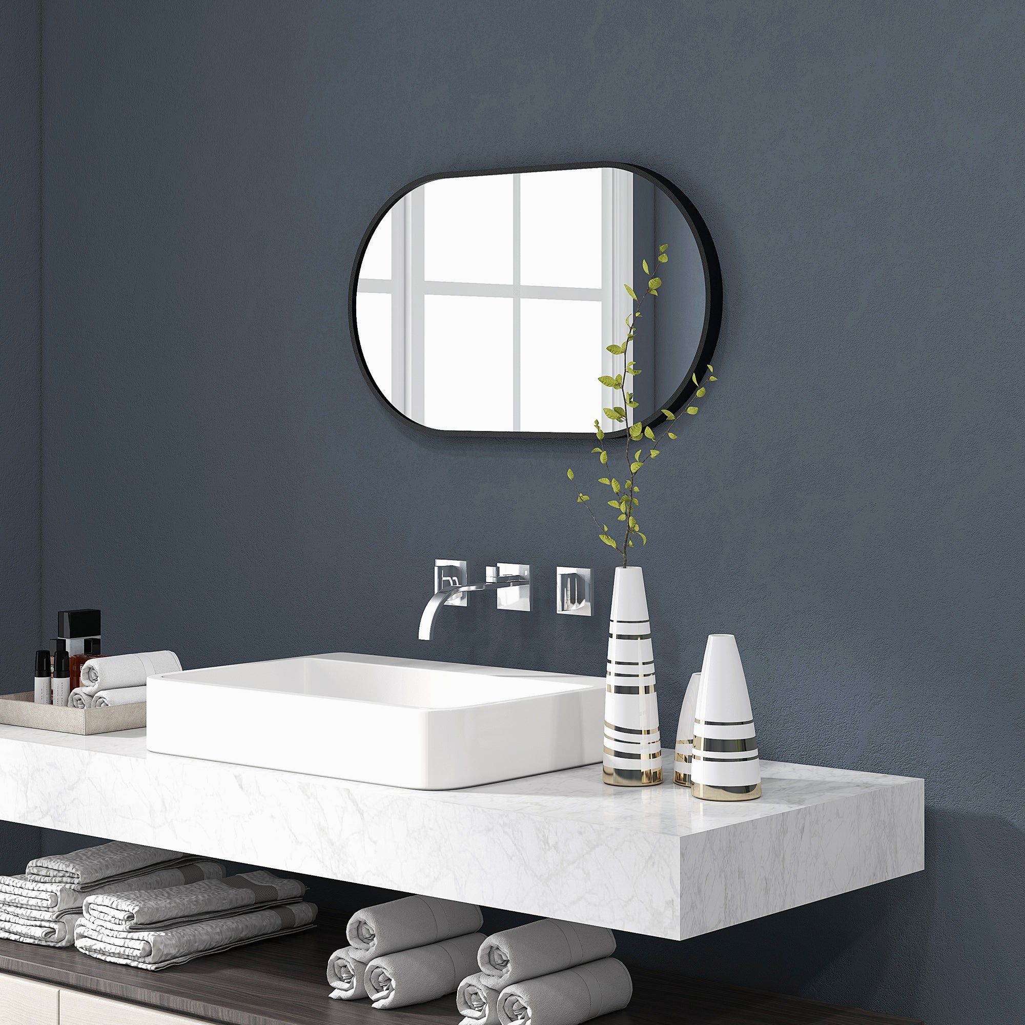 Oval Bathroom Mirror 40x70 cm with Aluminum Frame Decorative Wall Mirror Horizontal or Vertical for Living Room Entryway Hallway Black