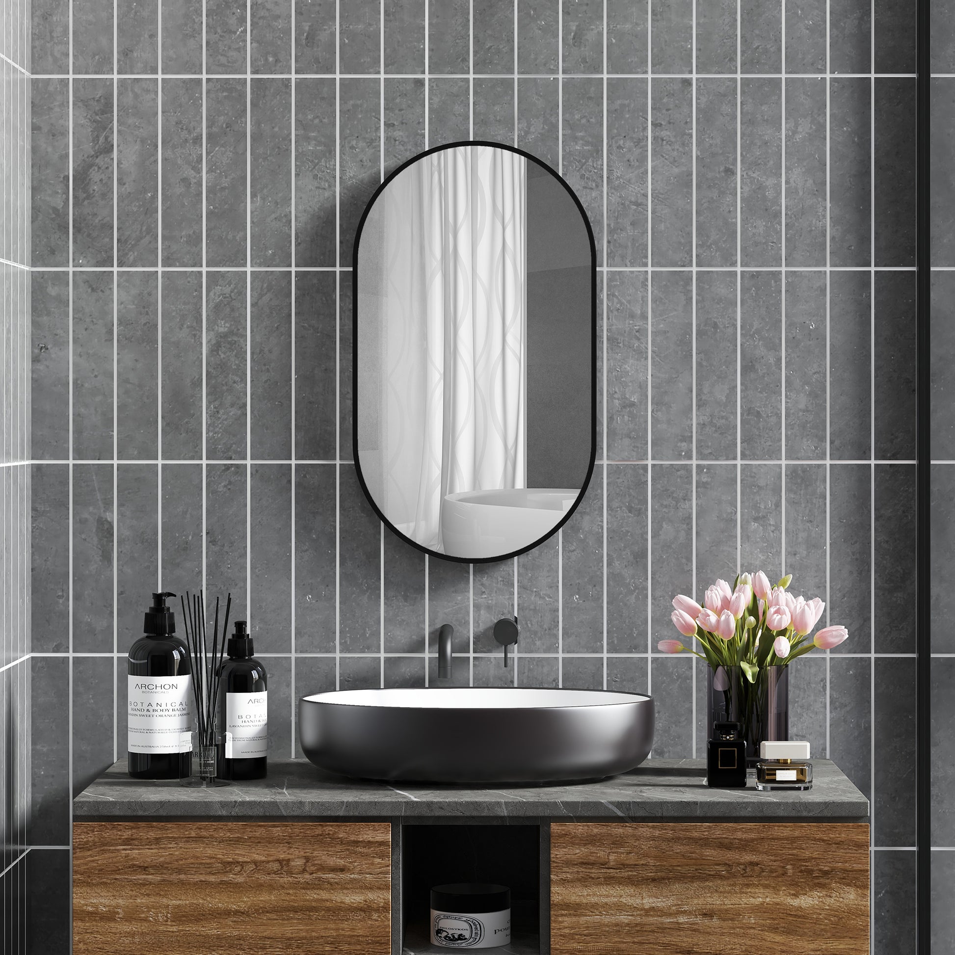 Oval Bathroom Mirror 40x70 cm with Aluminum Frame Decorative Wall Mirror Horizontal or Vertical for Living Room Entryway Hallway Black