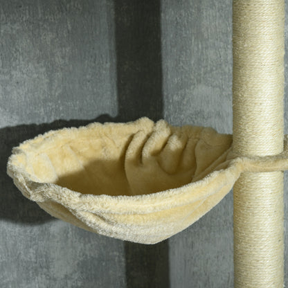 Floor-to-Ceiling 230-250 cm Cat Tree Scratching Post for Cats with Adjustable Height Multiple Platforms Baskets Hammock Hanging Balls Beige