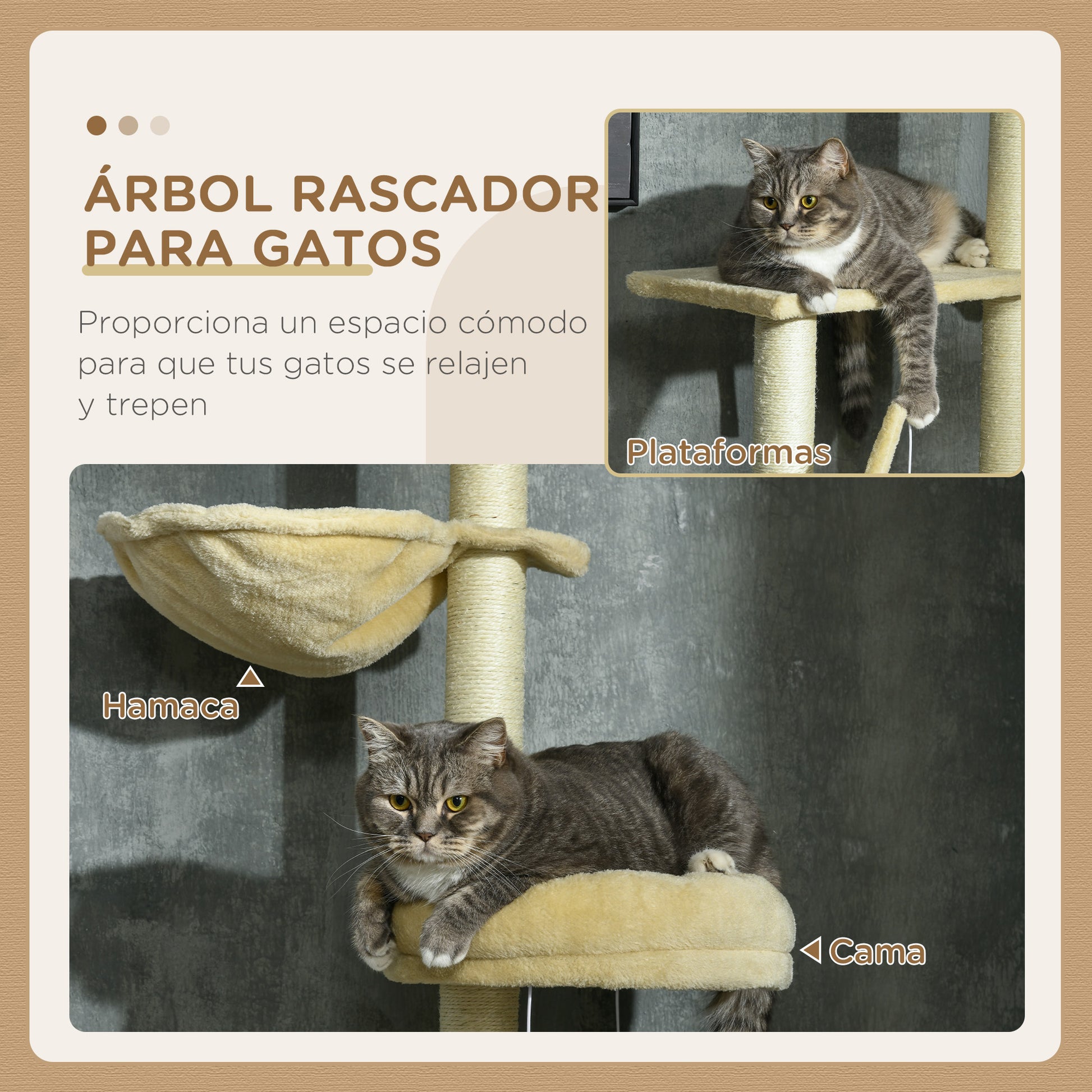 Floor-to-Ceiling 230-250 cm Cat Tree Scratching Post for Cats with Adjustable Height Multiple Platforms Baskets Hammock Hanging Balls Beige