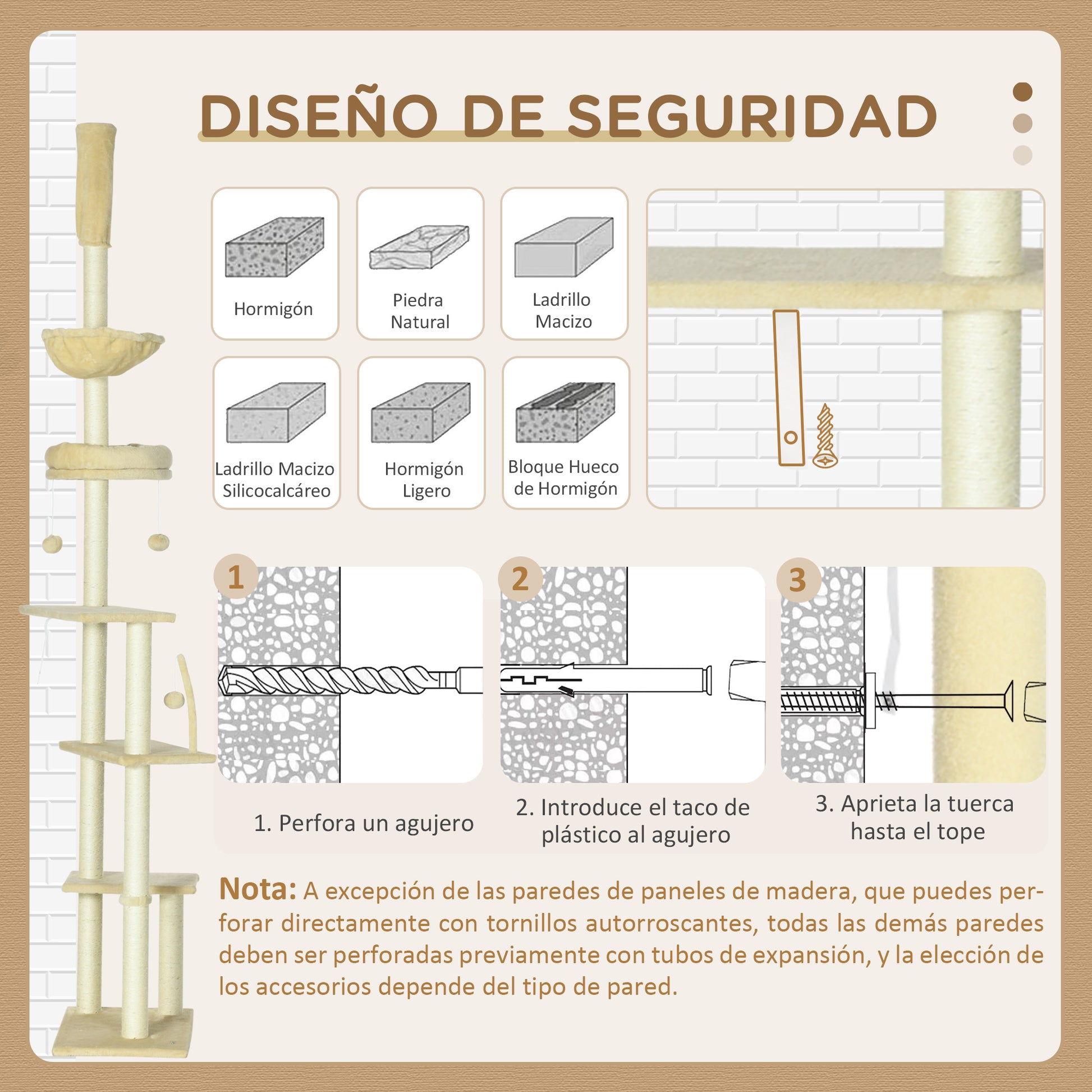 Floor-to-Ceiling 230-250 cm Cat Tree Scratching Post for Cats with Adjustable Height Multiple Platforms Baskets Hammock Hanging Balls Beige