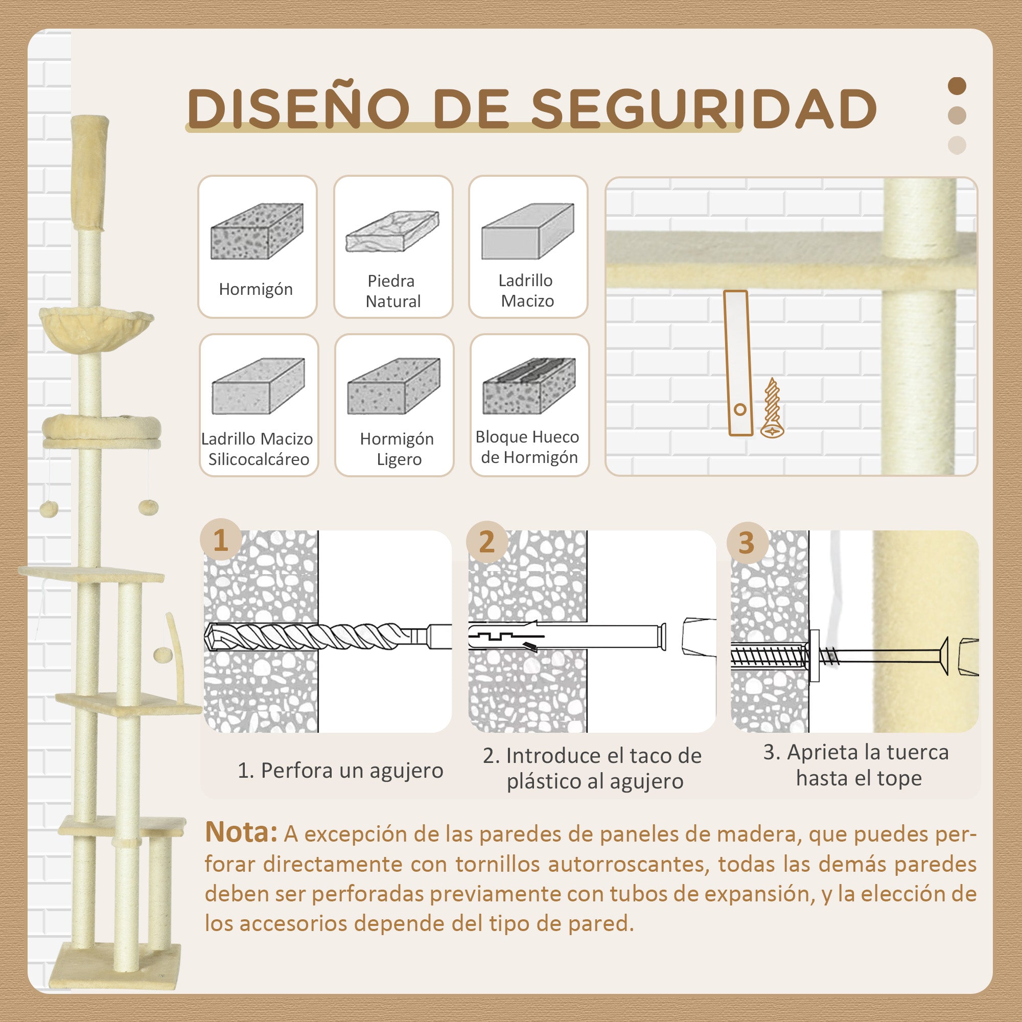 Floor-to-Ceiling 230-250 cm Cat Tree Scratching Post for Cats with Adjustable Height Multiple Platforms Baskets Hammock Hanging Balls Beige