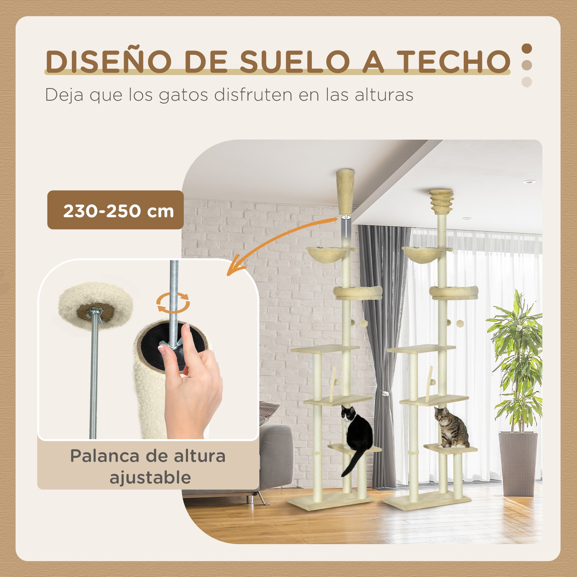 Floor-to-Ceiling 230-250 cm Cat Tree Scratching Post for Cats with Adjustable Height Multiple Platforms Baskets Hammock Hanging Balls Beige