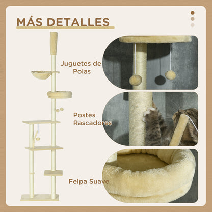 Floor-to-Ceiling 230-250 cm Cat Tree Scratching Post for Cats with Adjustable Height Multiple Platforms Baskets Hammock Hanging Balls Beige