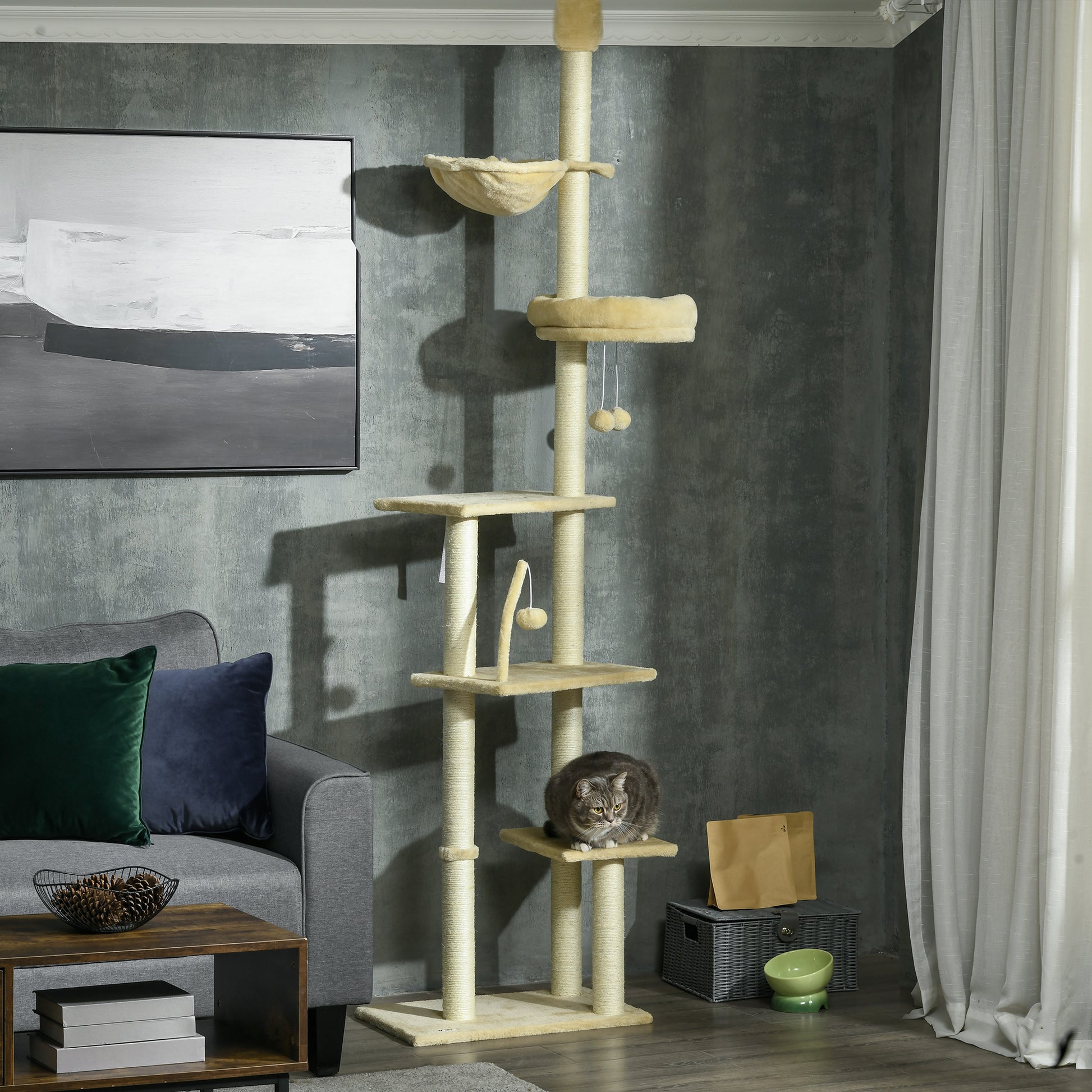 Floor-to-Ceiling 230-250 cm Cat Tree Scratching Post for Cats with Adjustable Height Multiple Platforms Baskets Hammock Hanging Balls Beige