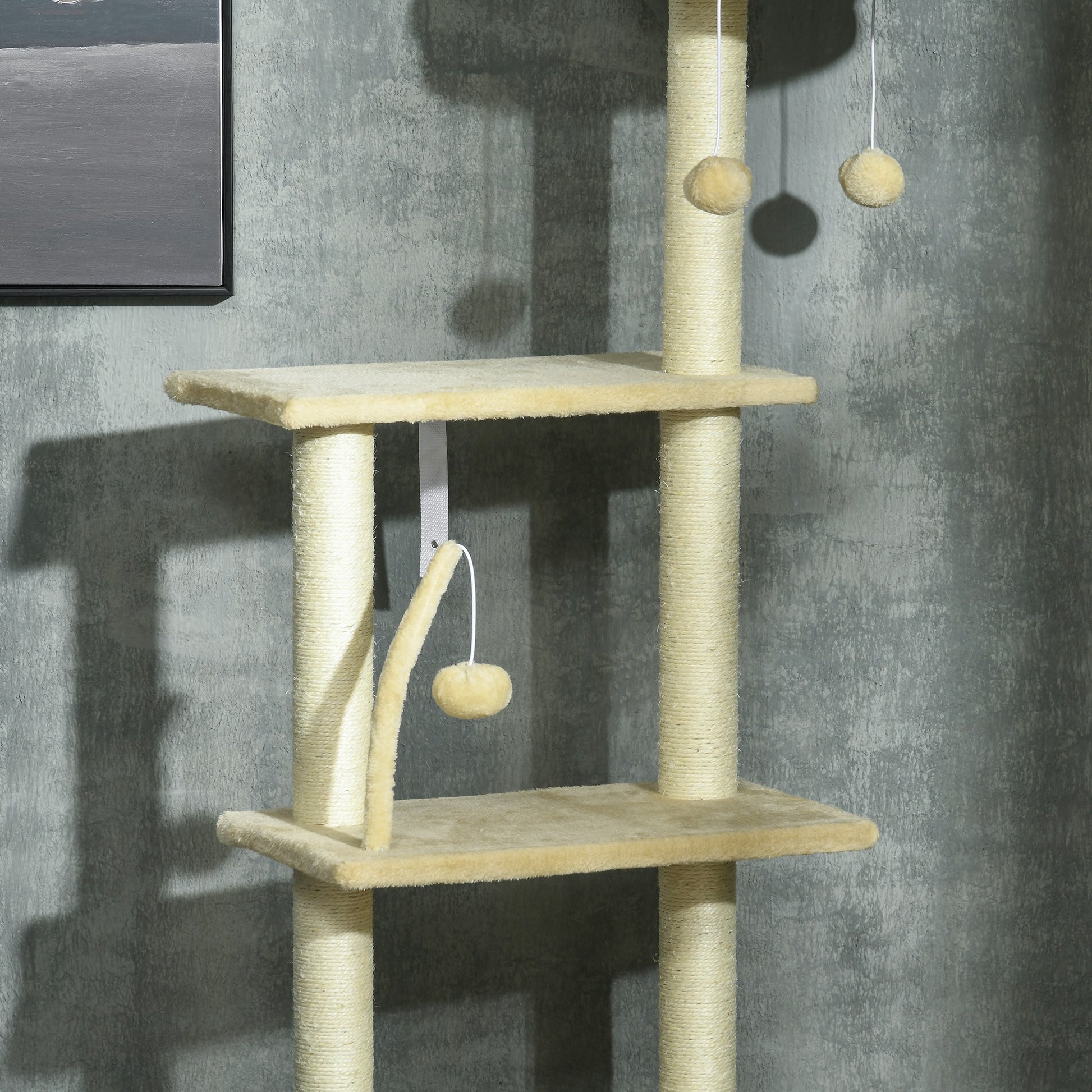Floor-to-Ceiling 230-250 cm Cat Tree Scratching Post for Cats with Adjustable Height Multiple Platforms Baskets Hammock Hanging Balls Beige
