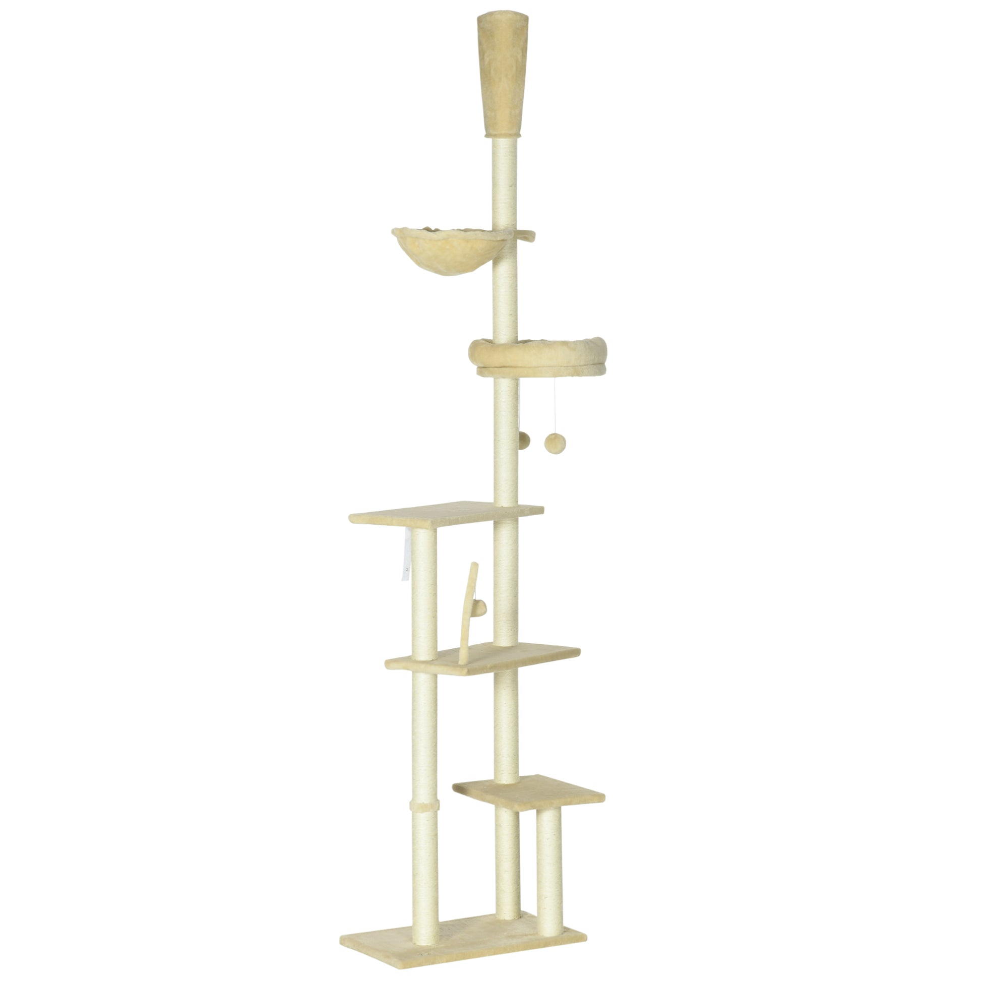 Floor-to-Ceiling 230-250 cm Cat Tree Scratching Post for Cats with Adjustable Height Multiple Platforms Baskets Hammock Hanging Balls Beige