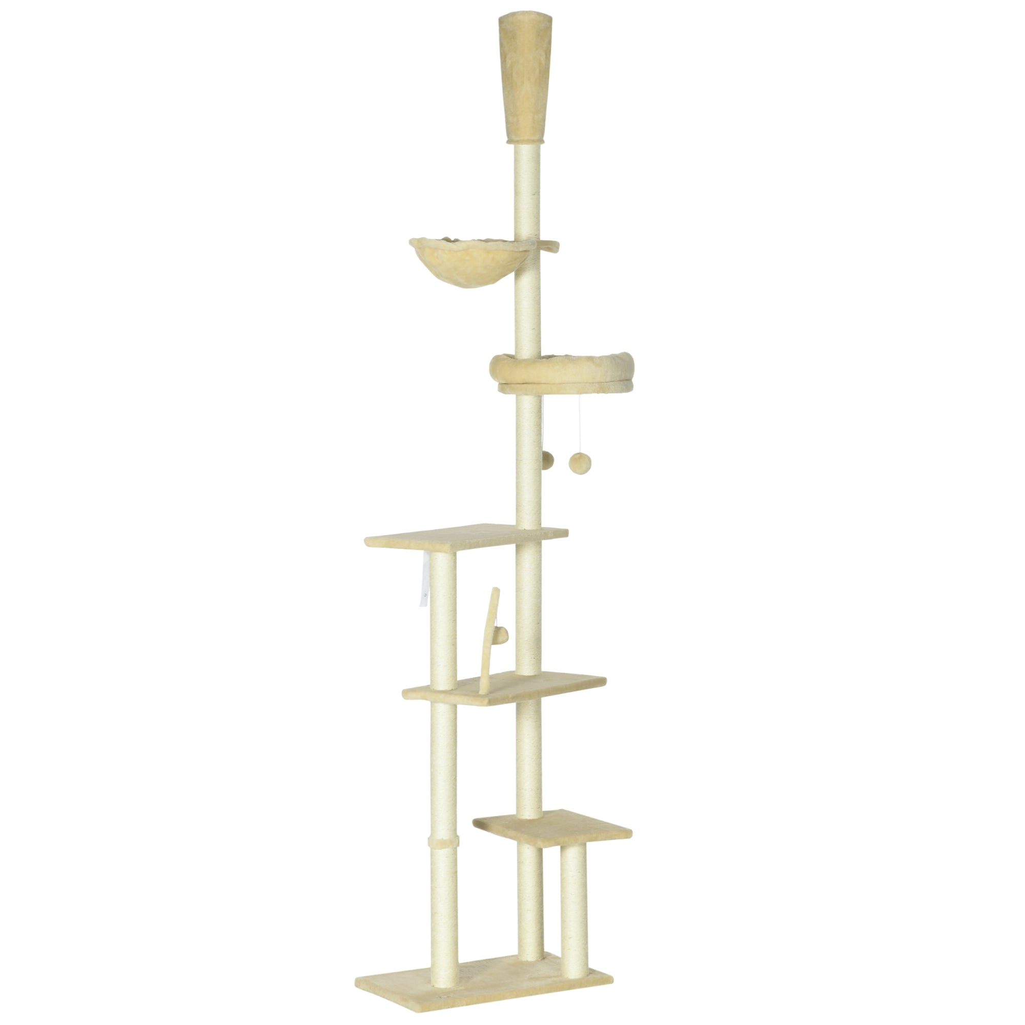 Floor-to-Ceiling 230-250 cm Cat Tree Scratching Post for Cats with Adjustable Height Multiple Platforms Baskets Hammock Hanging Balls Beige