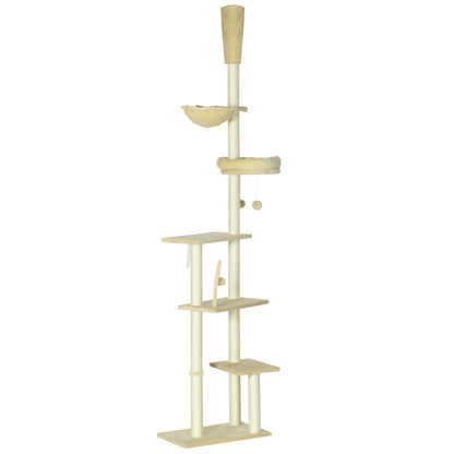 Floor-to-Ceiling 230-250 cm Cat Tree Scratching Post for Cats with Adjustable Height Multiple Platforms Baskets Hammock Hanging Balls Beige