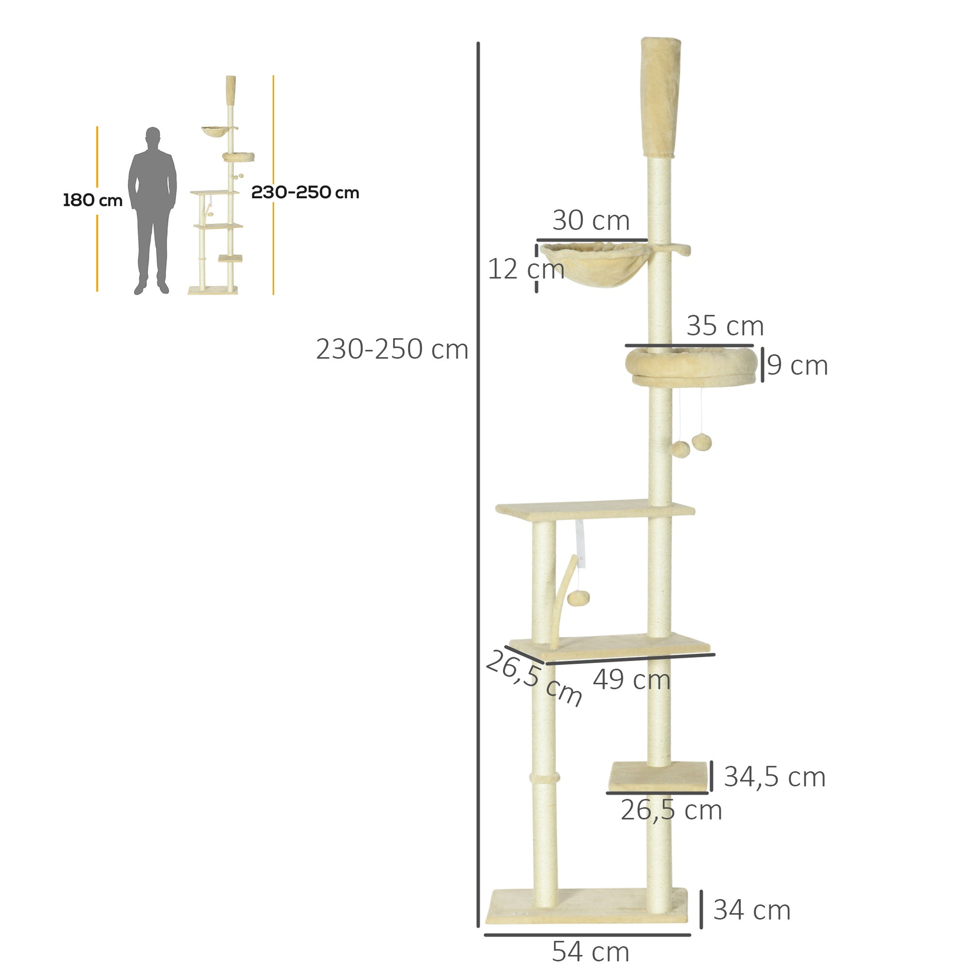 Floor-to-Ceiling 230-250 cm Cat Tree Scratching Post for Cats with Adjustable Height Multiple Platforms Baskets Hammock Hanging Balls Beige