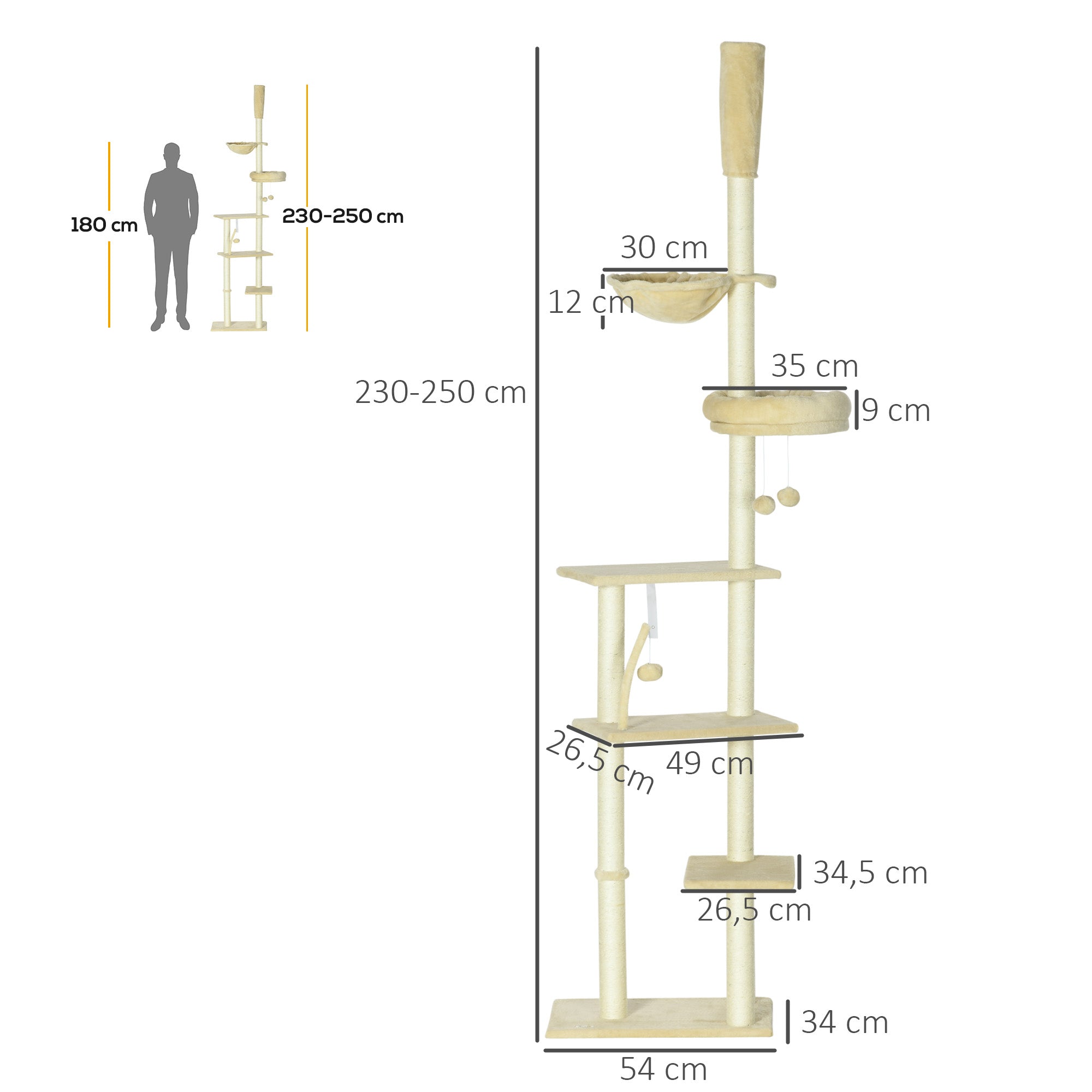 Floor-to-Ceiling 230-250 cm Cat Tree Scratching Post for Cats with Adjustable Height Multiple Platforms Baskets Hammock Hanging Balls Beige