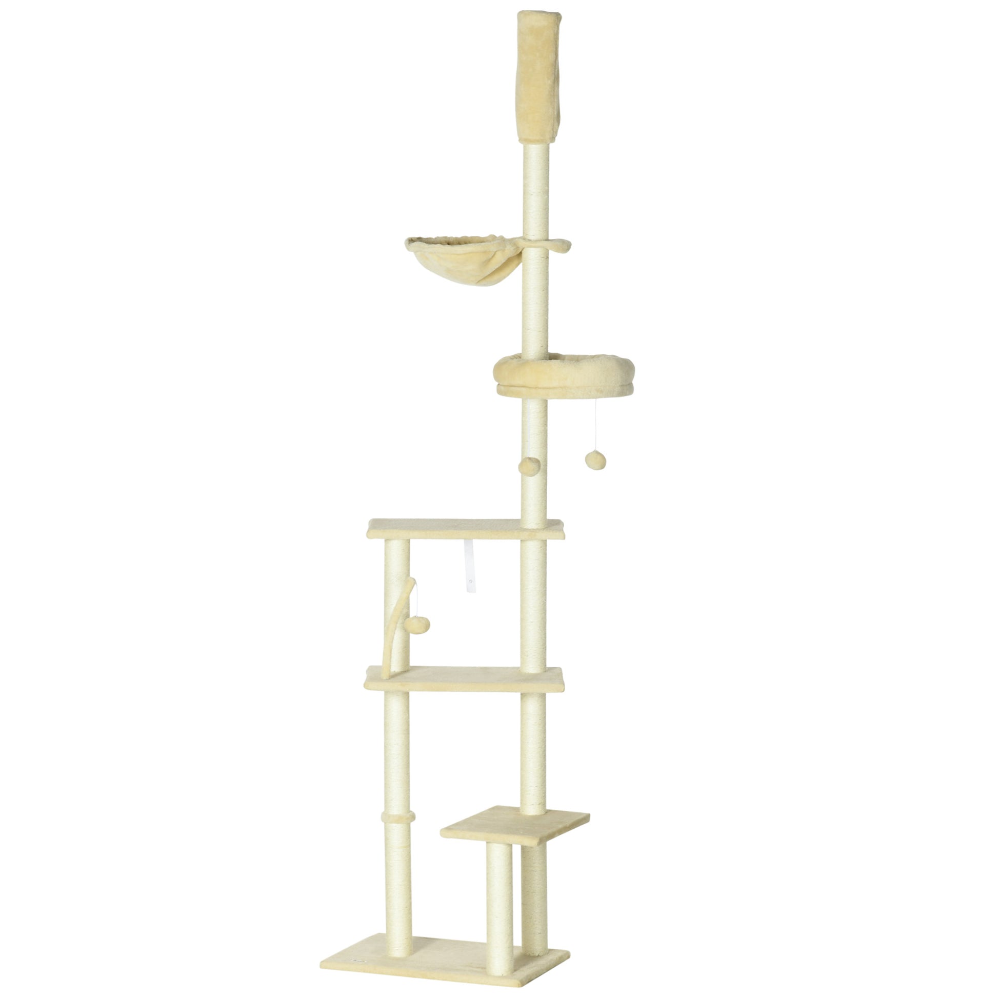 Floor-to-Ceiling 230-250 cm Cat Tree Scratching Post for Cats with Adjustable Height Multiple Platforms Baskets Hammock Hanging Balls Beige