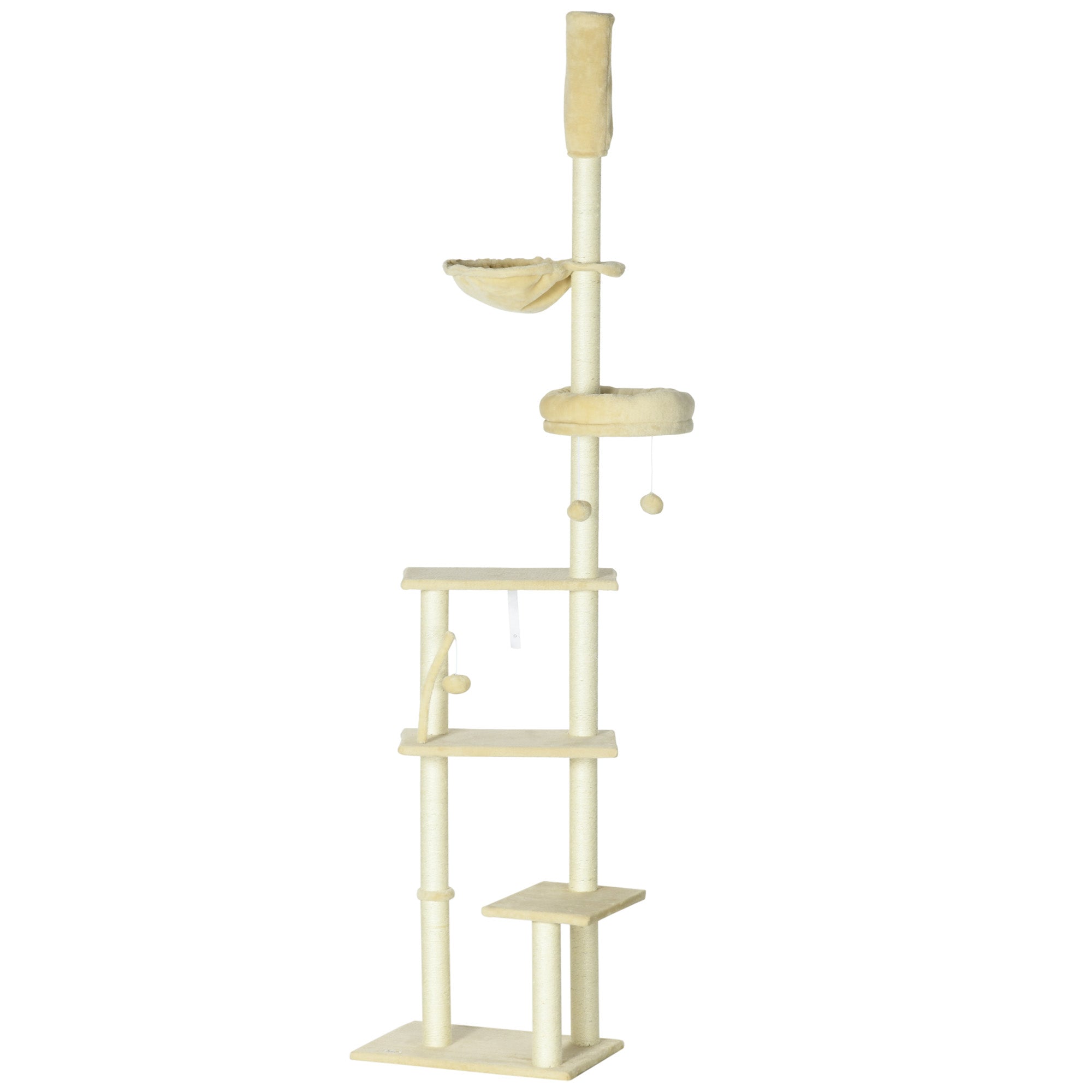 Floor-to-Ceiling 230-250 cm Cat Tree Scratching Post for Cats with Adjustable Height Multiple Platforms Baskets Hammock Hanging Balls Beige
