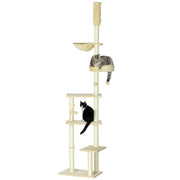 Floor-to-Ceiling 230-250 cm Cat Tree Scratching Post for Cats with Adjustable Height Multiple Platforms Baskets Hammock Hanging Balls Beige