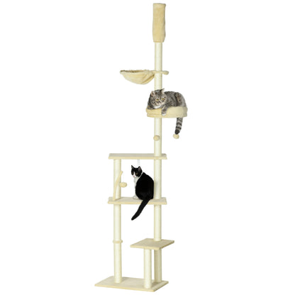 Floor-to-Ceiling 230-250 cm Cat Tree Scratching Post for Cats with Adjustable Height Multiple Platforms Baskets Hammock Hanging Balls Beige