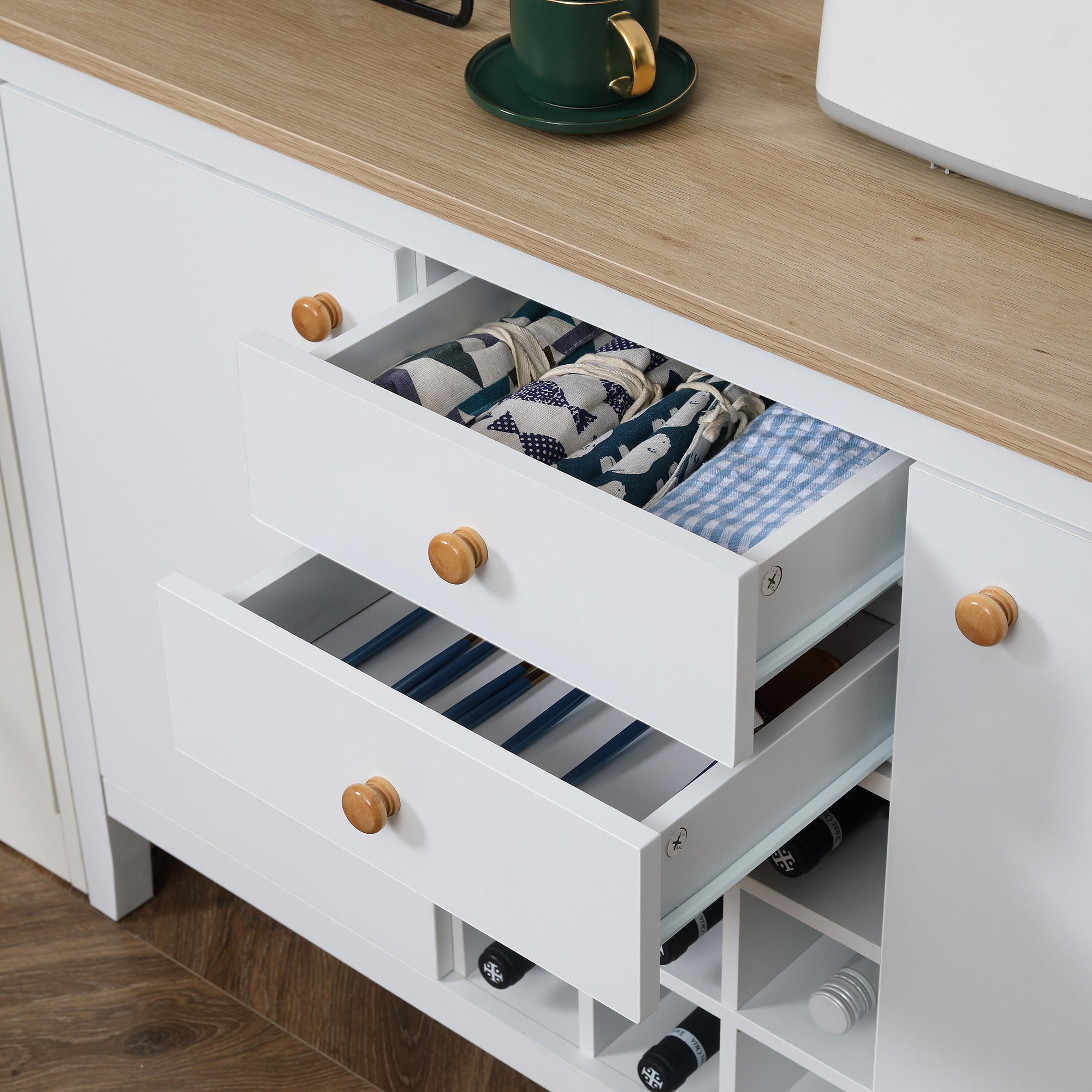 Kitchen Sideboard with Wine Rack Sideboard with 2 Drawers 2 Doors Adjustable Shelves for 9 Bottles Kitchen Auxiliary Buffet for Dining Room Living Room 110x35x75 cm White