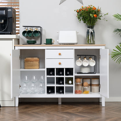 Kitchen Sideboard with Wine Rack Sideboard with 2 Drawers 2 Doors Adjustable Shelves for 9 Bottles Kitchen Auxiliary Buffet for Dining Room Living Room 110x35x75 cm White