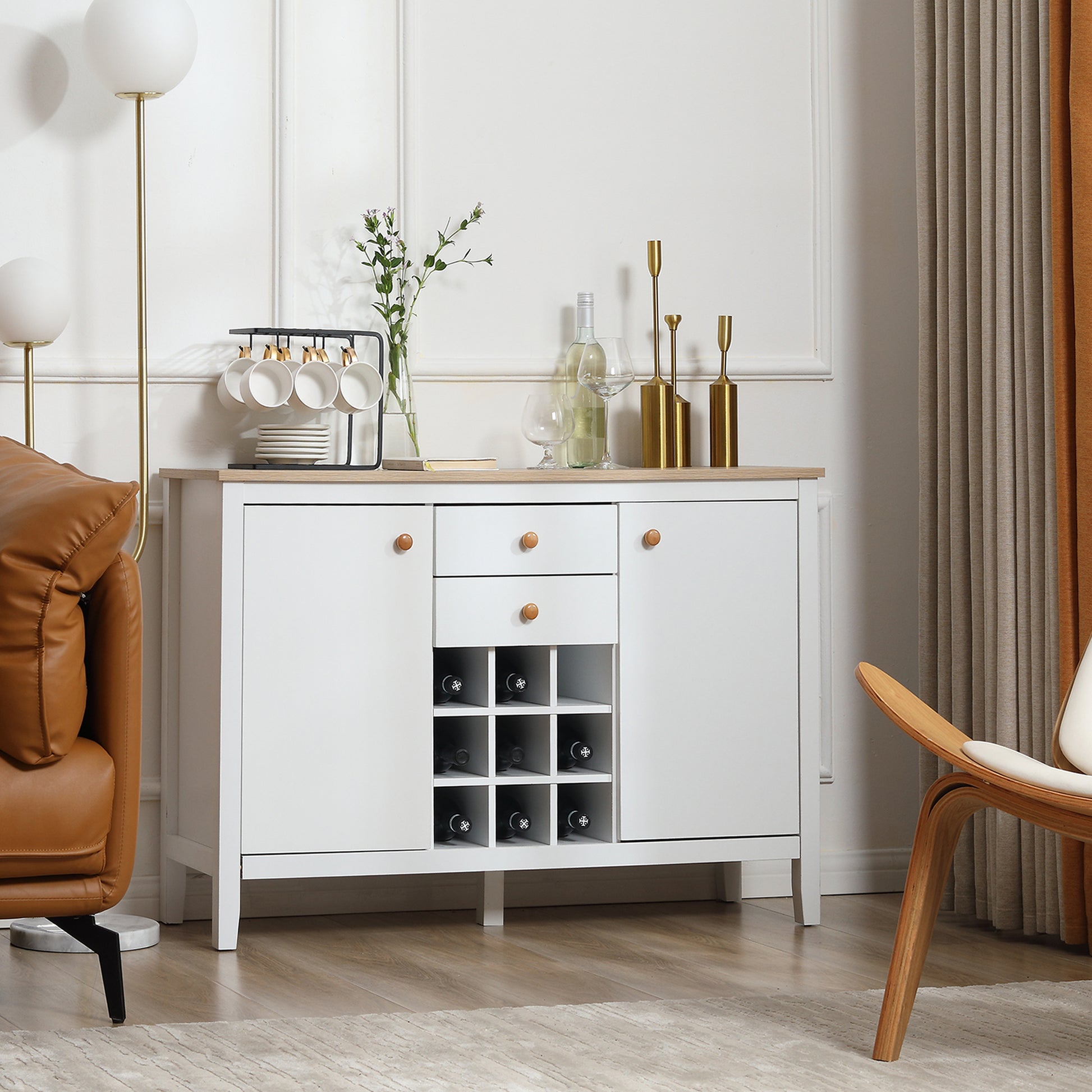 Kitchen Sideboard with Wine Rack Sideboard with 2 Drawers 2 Doors Adjustable Shelves for 9 Bottles Kitchen Auxiliary Buffet for Dining Room Living Room 110x35x75 cm White