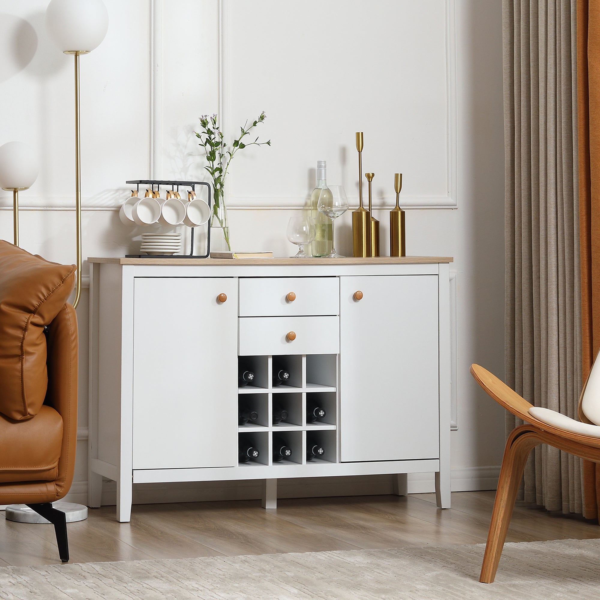 Kitchen Sideboard with Wine Rack Sideboard with 2 Drawers 2 Doors Adjustable Shelves for 9 Bottles Kitchen Auxiliary Buffet for Dining Room Living Room 110x35x75 cm White