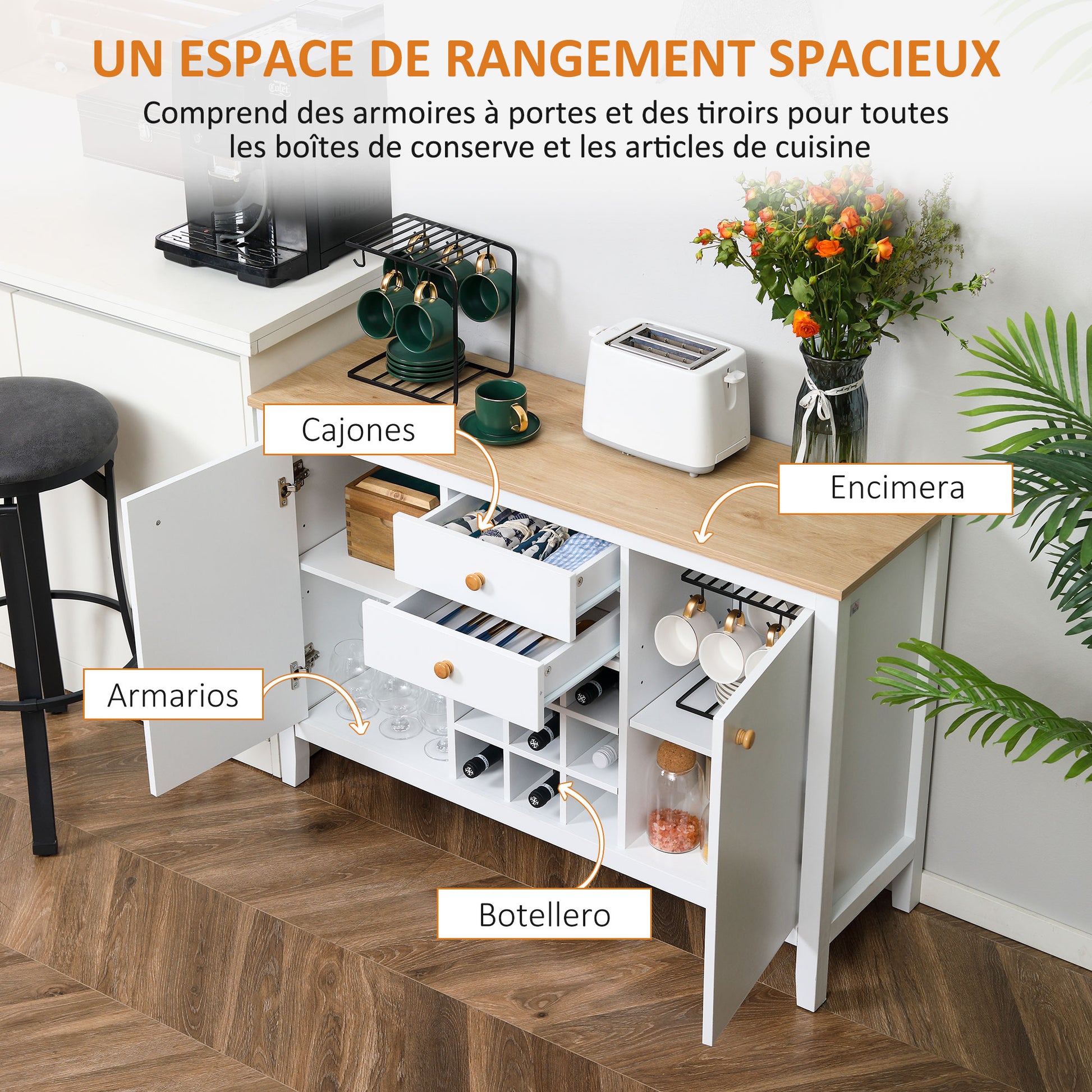 Kitchen Sideboard with Wine Rack Sideboard with 2 Drawers 2 Doors Adjustable Shelves for 9 Bottles Kitchen Auxiliary Buffet for Dining Room Living Room 110x35x75 cm White