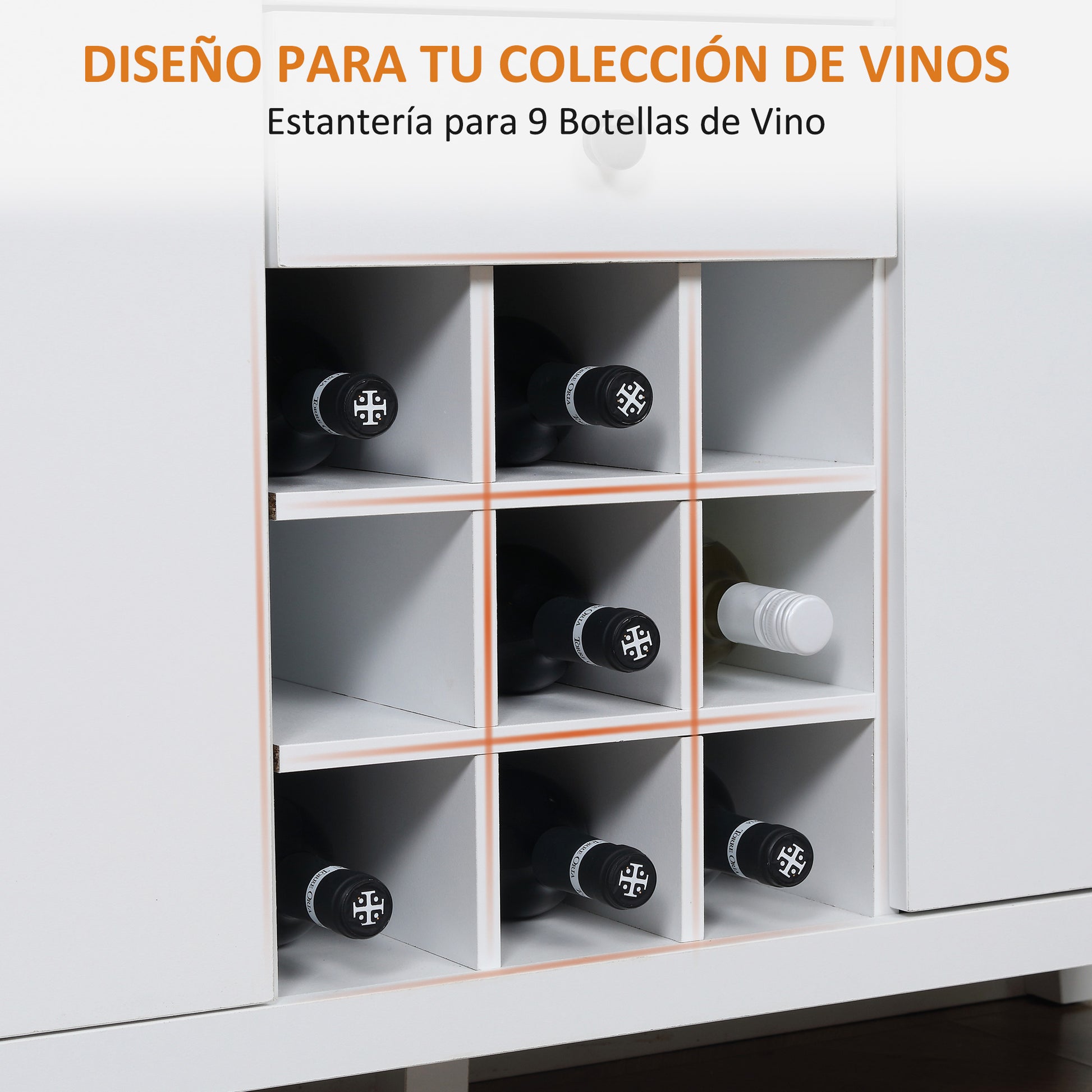 Kitchen Sideboard with Wine Rack Sideboard with 2 Drawers 2 Doors Adjustable Shelves for 9 Bottles Kitchen Auxiliary Buffet for Dining Room Living Room 110x35x75 cm White