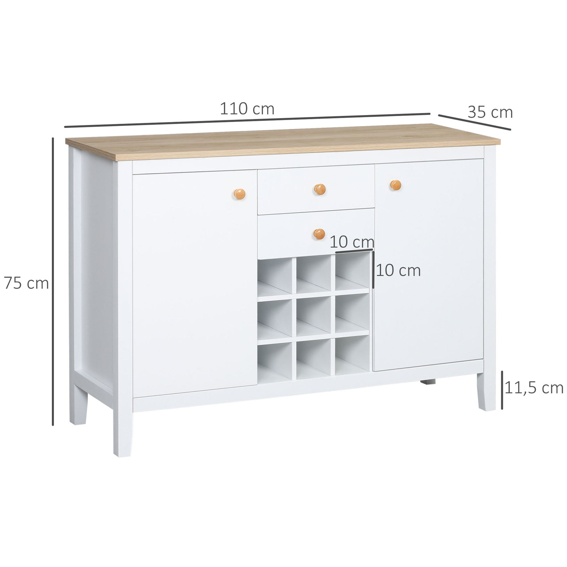 Kitchen Sideboard with Wine Rack Sideboard with 2 Drawers 2 Doors Adjustable Shelves for 9 Bottles Kitchen Auxiliary Buffet for Dining Room Living Room 110x35x75 cm White