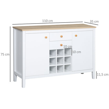 Kitchen Sideboard with Wine Rack Sideboard with 2 Drawers 2 Doors Adjustable Shelves for 9 Bottles Kitchen Auxiliary Buffet for Dining Room Living Room 110x35x75 cm White