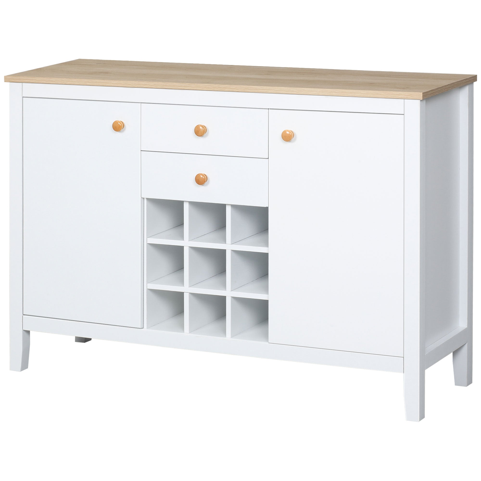 Kitchen Sideboard with Wine Rack Sideboard with 2 Drawers 2 Doors Adjustable Shelves for 9 Bottles Kitchen Auxiliary Buffet for Dining Room Living Room 110x35x75 cm White