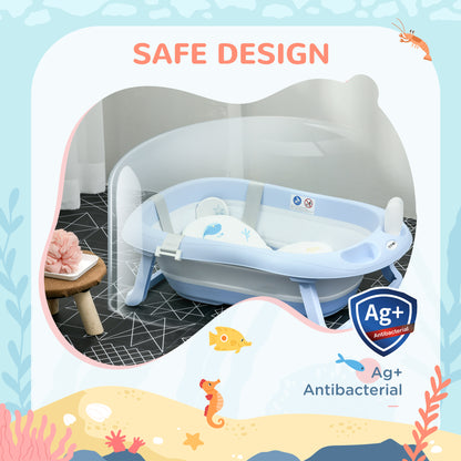 ZONEKIZ Foldable Baby Bathtub with Cushion Baby Bathtub 0-6 Years with Non-Slip Pads Drain Hole and Shower Hole 83x48x23.5 cm Blue
