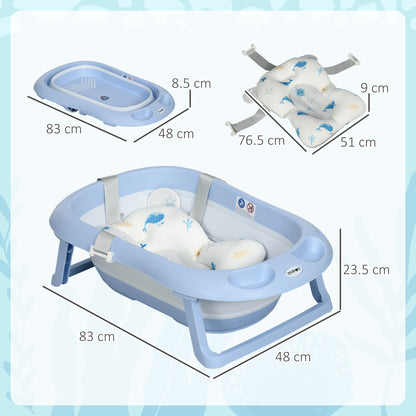 ZONEKIZ Foldable Baby Bathtub with Cushion Baby Bathtub 0-6 Years with Non-Slip Pads Drain Hole and Shower Hole 83x48x23.5 cm Blue