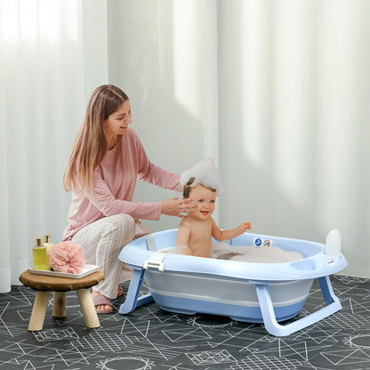 ZONEKIZ Foldable Baby Bathtub with Cushion Baby Bathtub 0-6 Years with Non-Slip Pads Drain Hole and Shower Hole 83x48x23.5 cm Blue