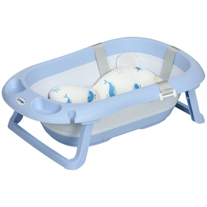 ZONEKIZ Foldable Baby Bathtub with Cushion Baby Bathtub 0-6 Years with Non-Slip Pads Drain Hole and Shower Hole 83x48x23.5 cm Blue