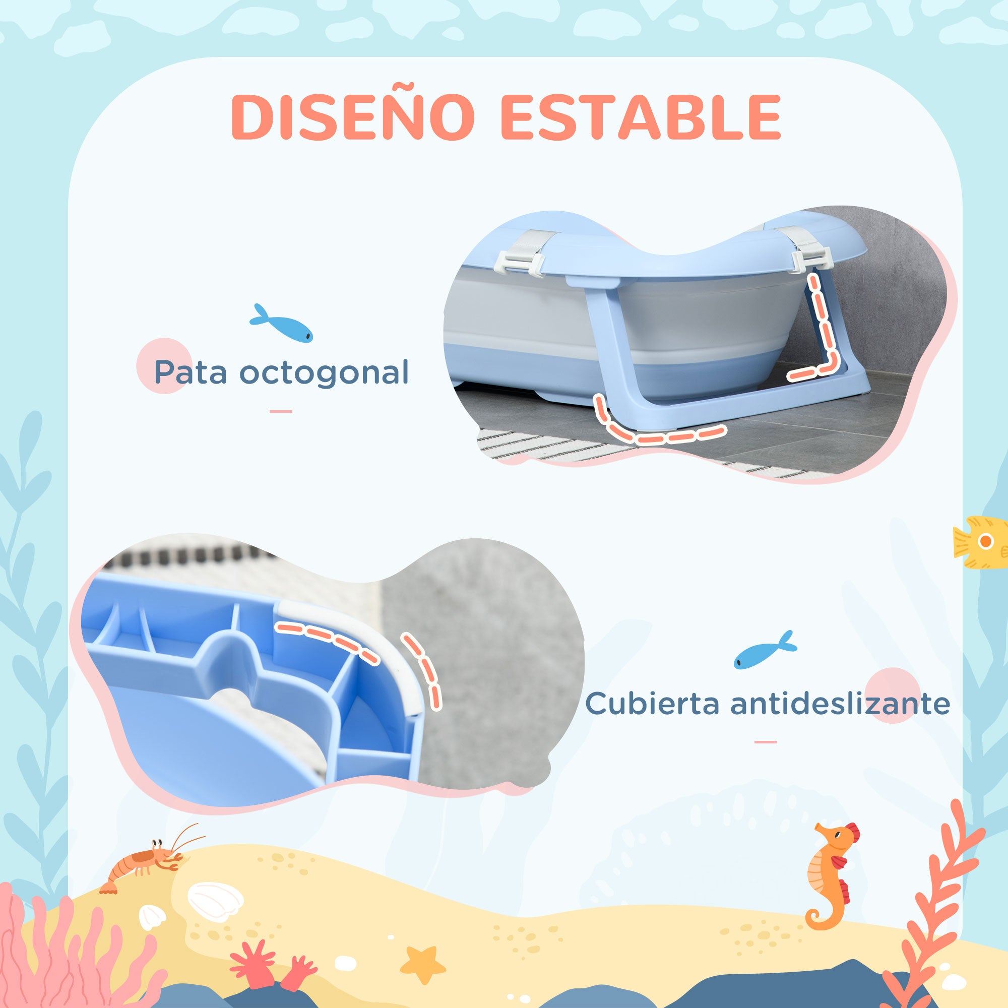ZONEKIZ Foldable Baby Bathtub with Cushion Baby Bathtub 0-6 Years with Non-Slip Pads Drain Hole and Shower Hole 83x48x23.5 cm Blue