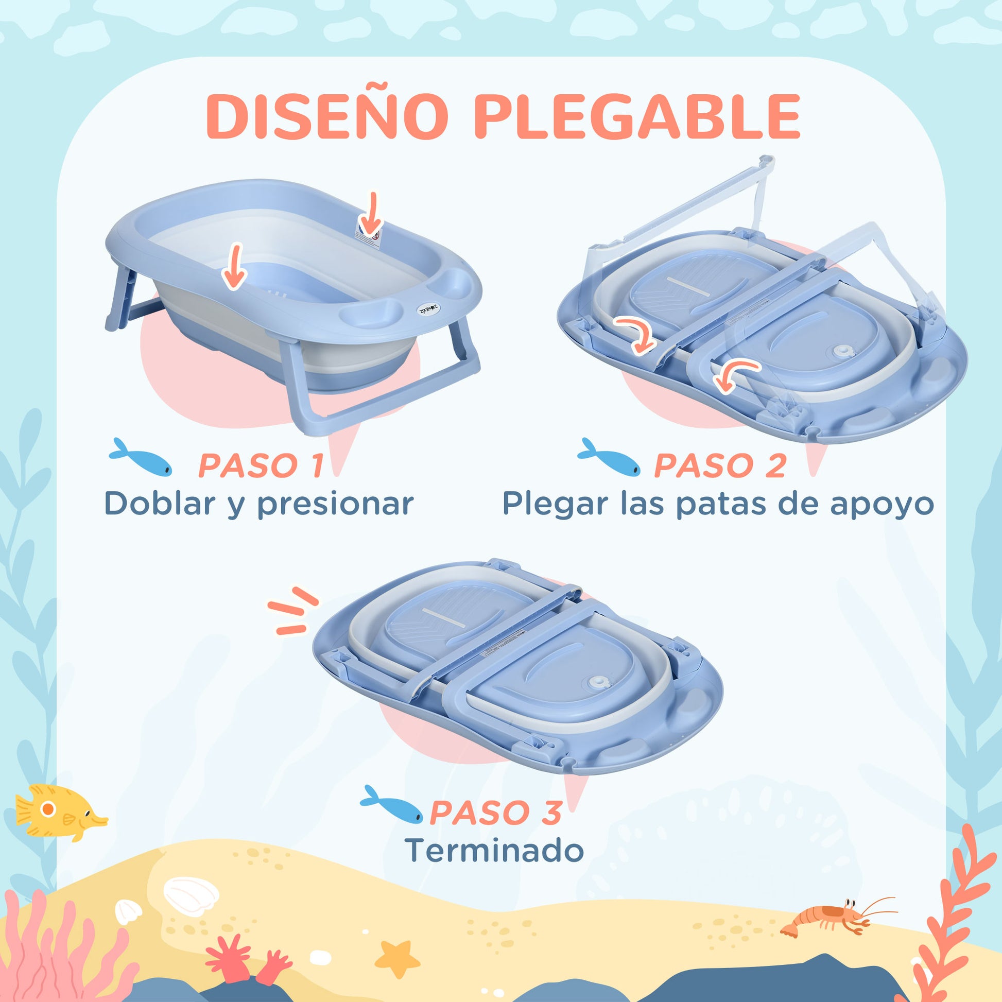 ZONEKIZ Foldable Baby Bathtub with Cushion Baby Bathtub 0-6 Years with Non-Slip Pads Drain Hole and Shower Hole 83x48x23.5 cm Blue