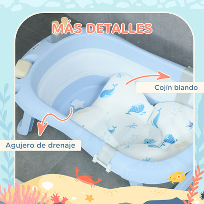 ZONEKIZ Foldable Baby Bathtub with Cushion Baby Bathtub 0-6 Years with Non-Slip Pads Drain Hole and Shower Hole 83x48x23.5 cm Blue