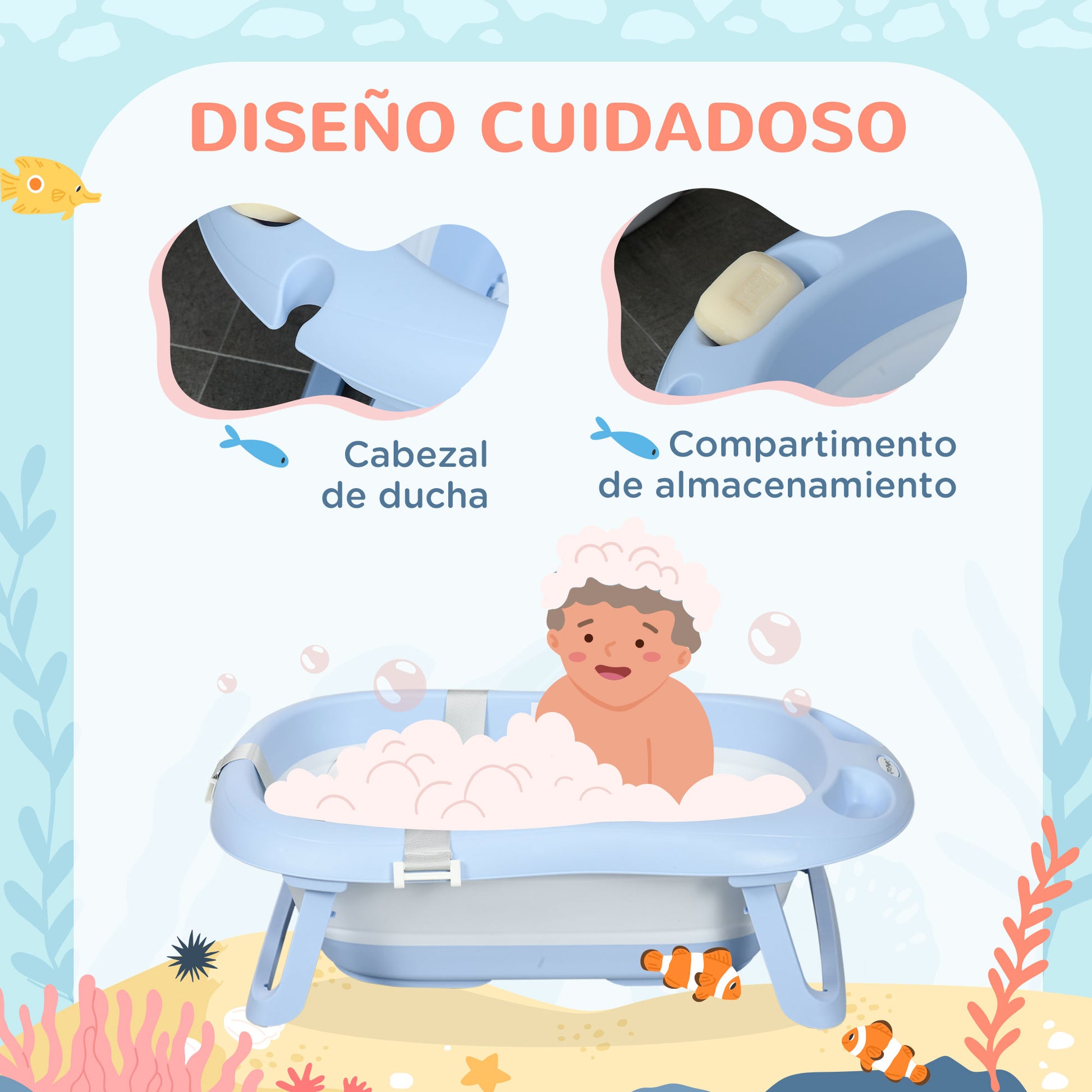 ZONEKIZ Foldable Baby Bathtub with Cushion Baby Bathtub 0-6 Years with Non-Slip Pads Drain Hole and Shower Hole 83x48x23.5 cm Blue