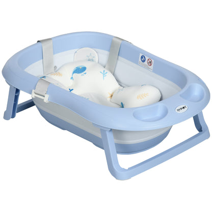 ZONEKIZ Foldable Baby Bathtub with Cushion Baby Bathtub 0-6 Years with Non-Slip Pads Drain Hole and Shower Hole 83x48x23.5 cm Blue