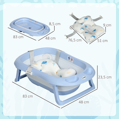 ZONEKIZ Foldable Baby Bathtub with Cushion Baby Bathtub 0-6 Years with Non-Slip Pads Drain Hole and Shower Hole 83x48x23.5 cm Blue