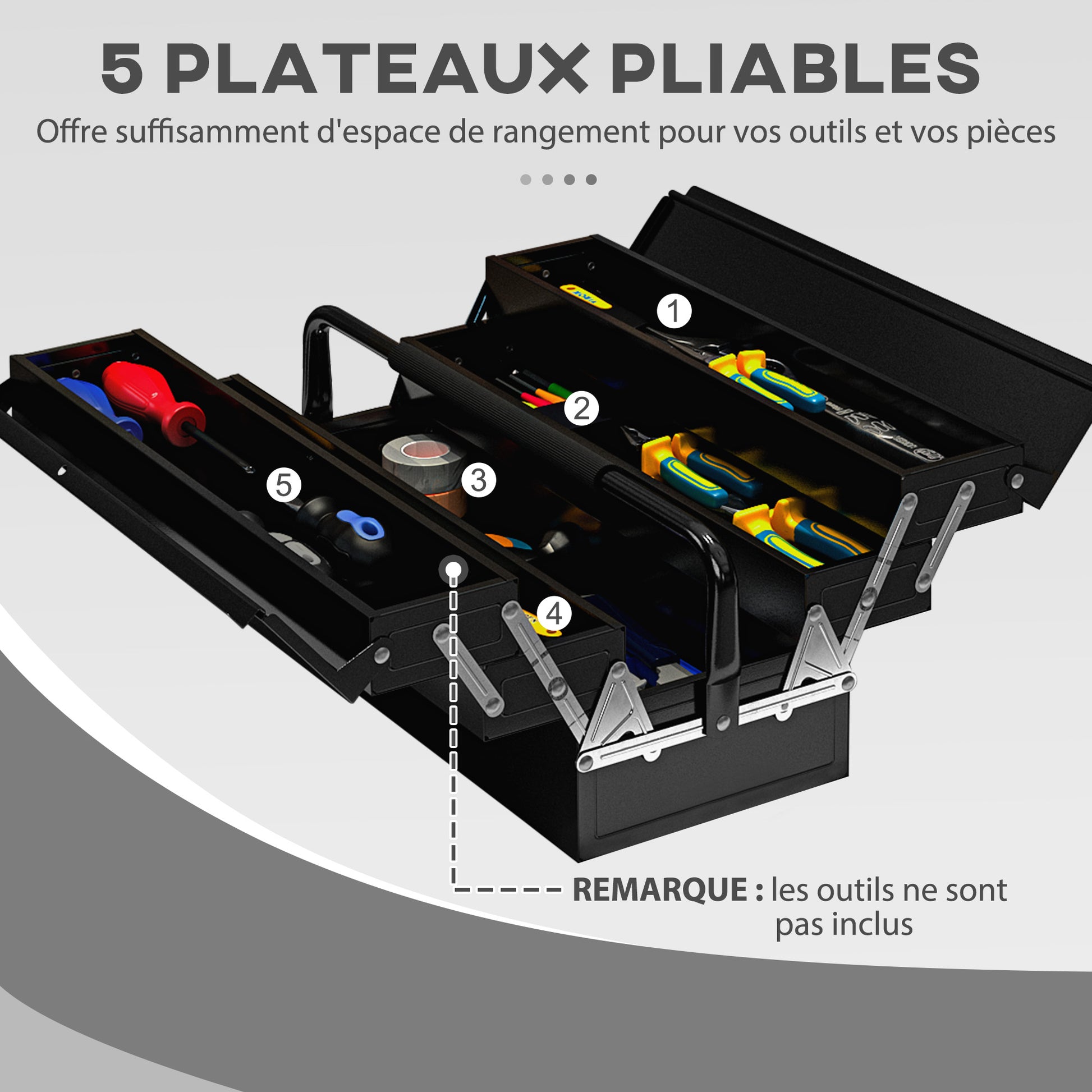 Metal Toolbox - Tool Kit - 3-Level 5 Retractable Tray Toolbox - Black Steel Sheet