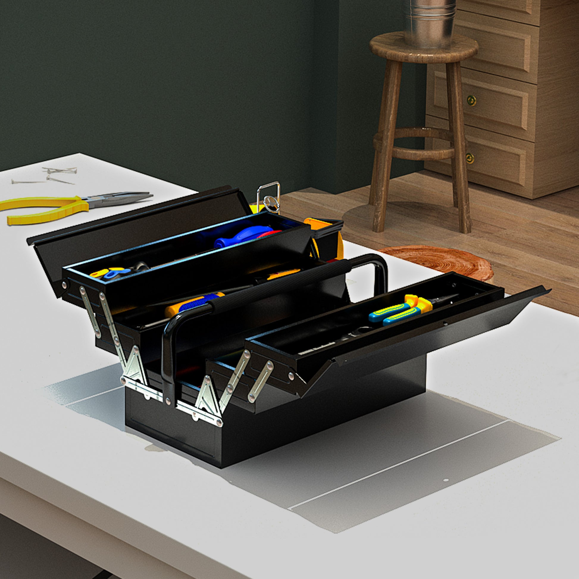 Metal Toolbox - Tool Kit - 3-Level 5 Retractable Tray Toolbox - Black Steel Sheet