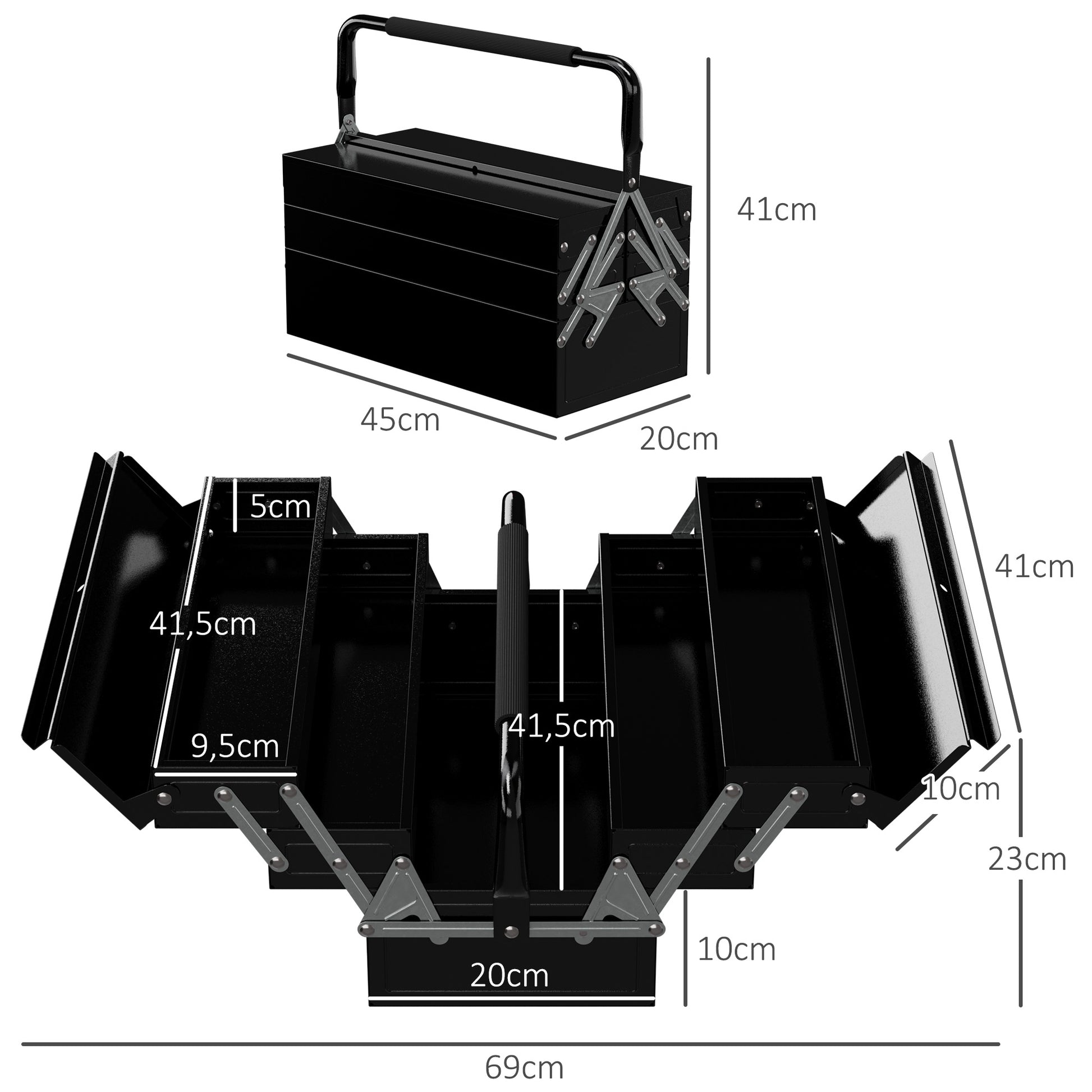 Metal Toolbox - Tool Kit - 3-Level 5 Retractable Tray Toolbox - Black Steel Sheet