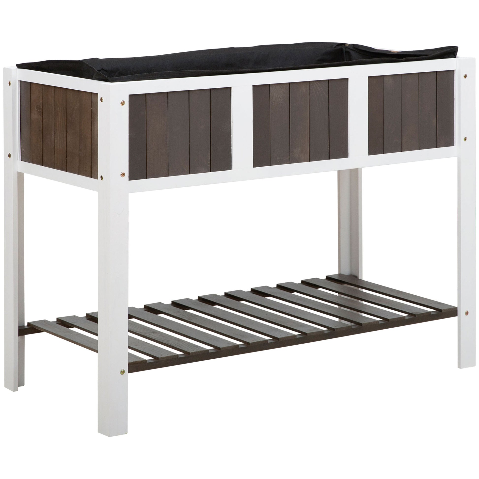 Raised Garden Bed Planting Table Gardening Workbench Wooden Garden Boxes for Vegetables Flowers, Planters with Shelf, 119 x 57 x 89 cm, Fir Wood, Non-woven Fabric, White+Gray